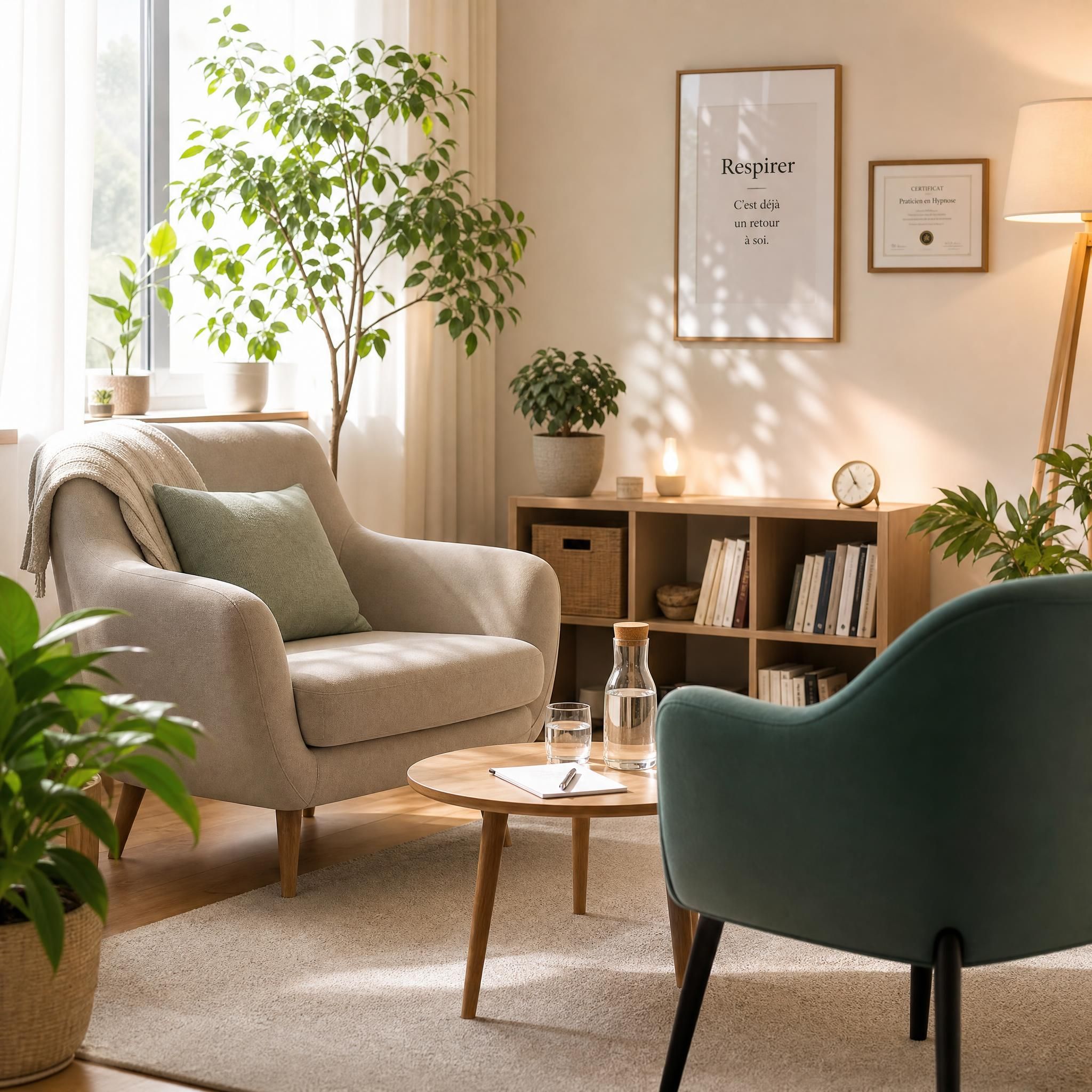 Vue d'un cabinet d'hypnose chaleureux, fauteuil confortable en face d'un siège de praticienne, plantes vertes, lumière naturelle douce, ambiance bienveillante et sereine