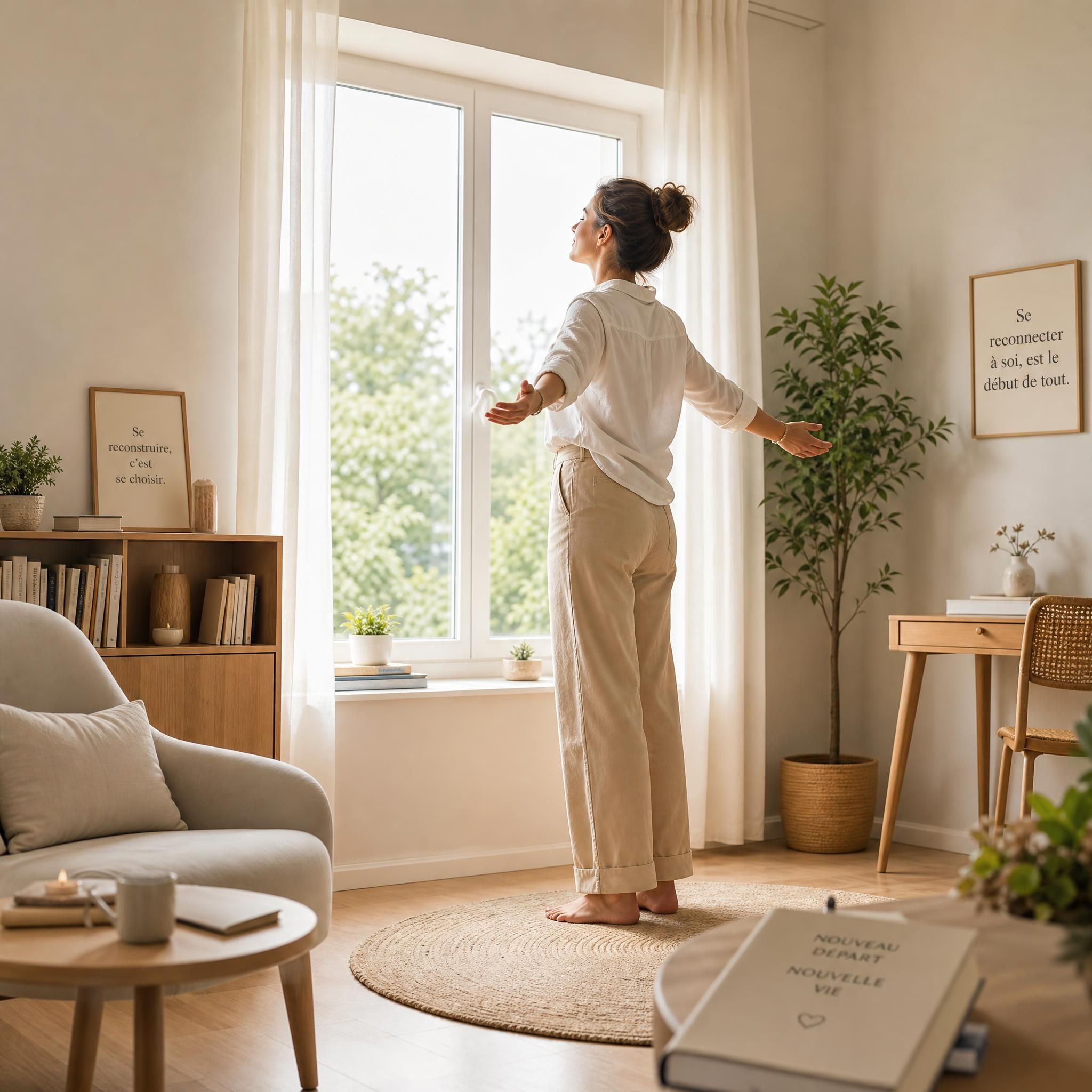 Femme debout face à une fenêtre lumineuse, posture ouverte, expression de paix intérieure retrouvée après une rupture amoureuse — plan large, lumière naturelle douce, cabinet chaleureux tons beige et bois clair