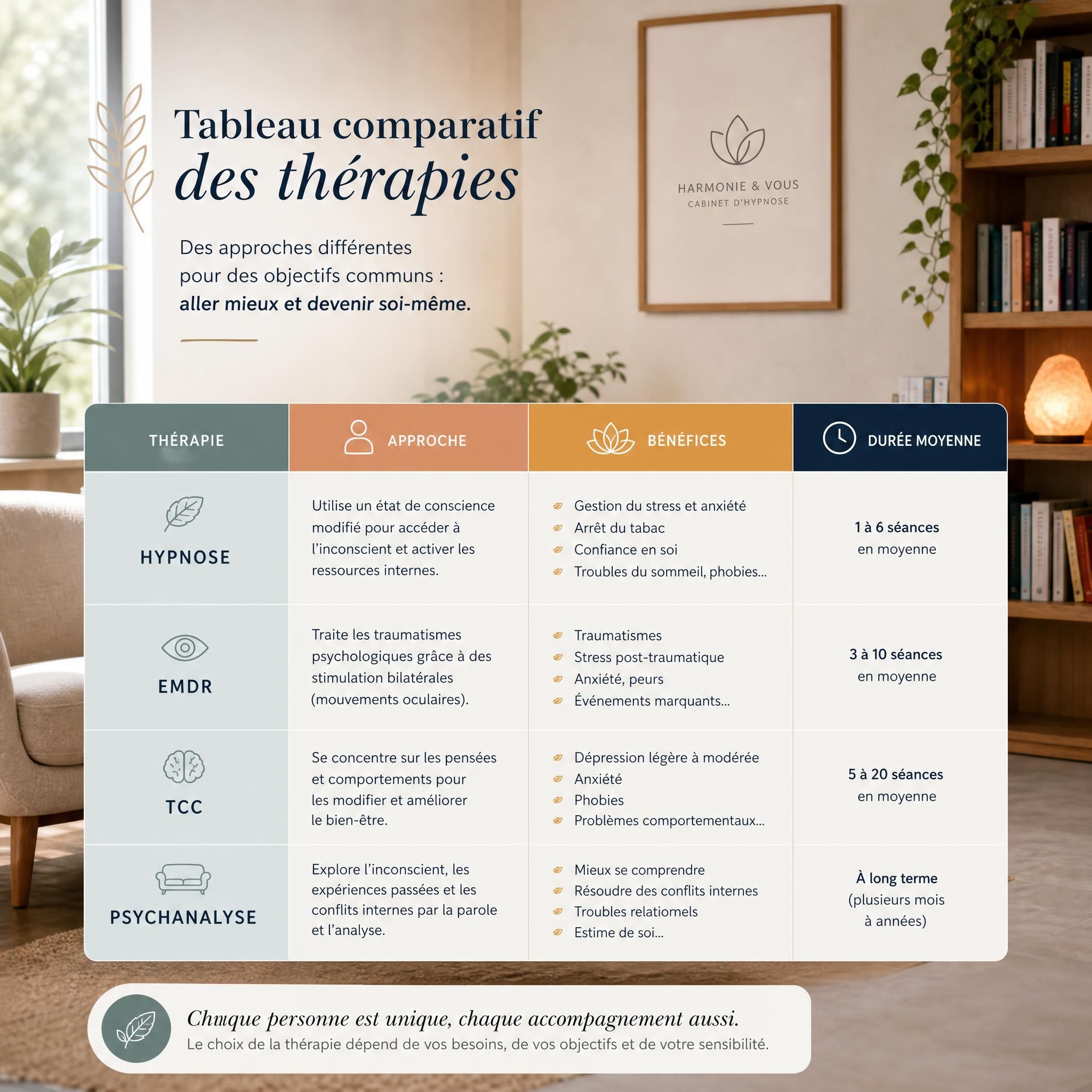 Tableau comparatif illustré des thérapies — cabinet d'hypnose moderne et chaleureux, livres et plantes vertes en fond, lumière naturelle douce, ambiance bienveillante et professionnelle
