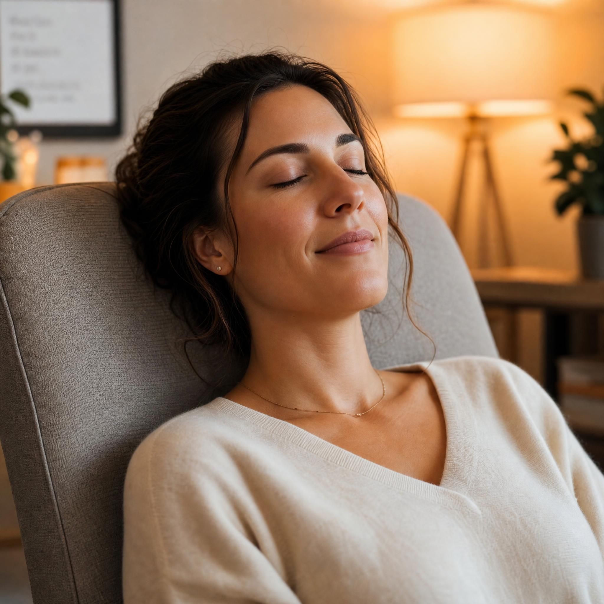 Vue rapprochée d'une femme les yeux fermés en état de relaxation profonde, lumière tamisée dorée, expression sereine, dans un fauteuil confortable d'un cabinet thérapeutique chaleureux