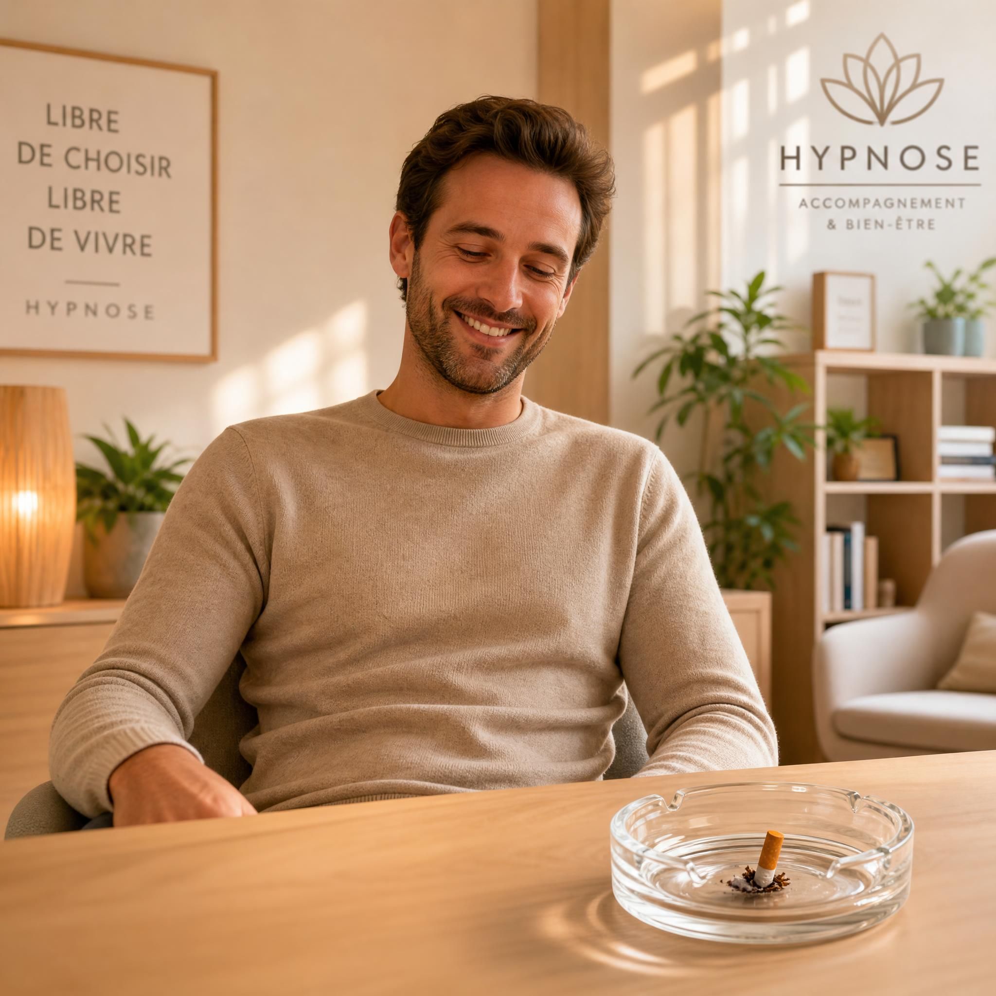 Un homme souriant qui regarde une cigarette écrasée dans un cendrier, expression de liberté et de fierté, cabinet d'hypnose moderne chaleureux aux tons beige et bois clair, lumière naturelle douce