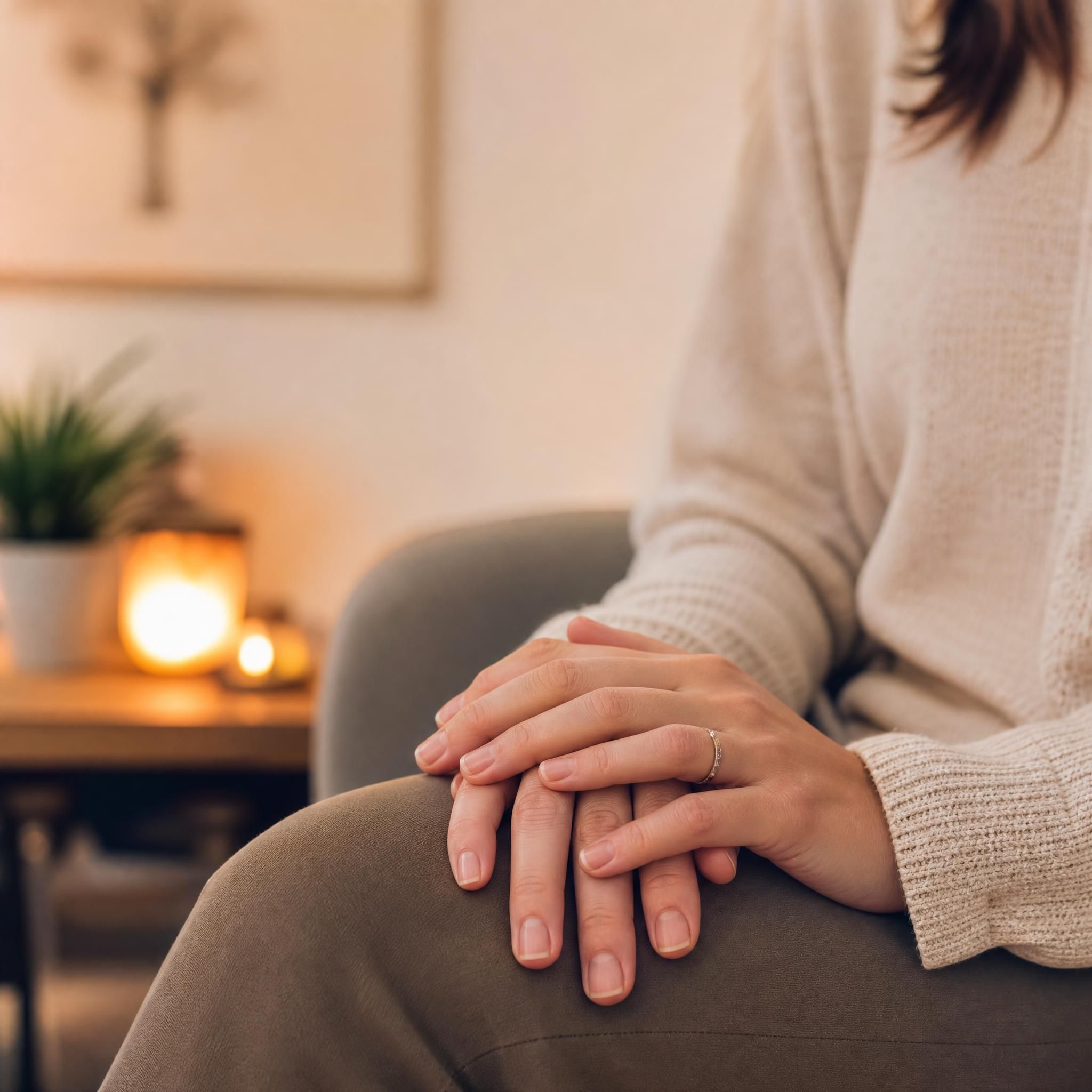 Gros plan sur les mains d'une femme d'une trentaine d'années posées sur ses genoux, posture détendue, dans un cabinet d'hypnose chaleureux, évoquant la lâcher-prise et la sécurité intérieure