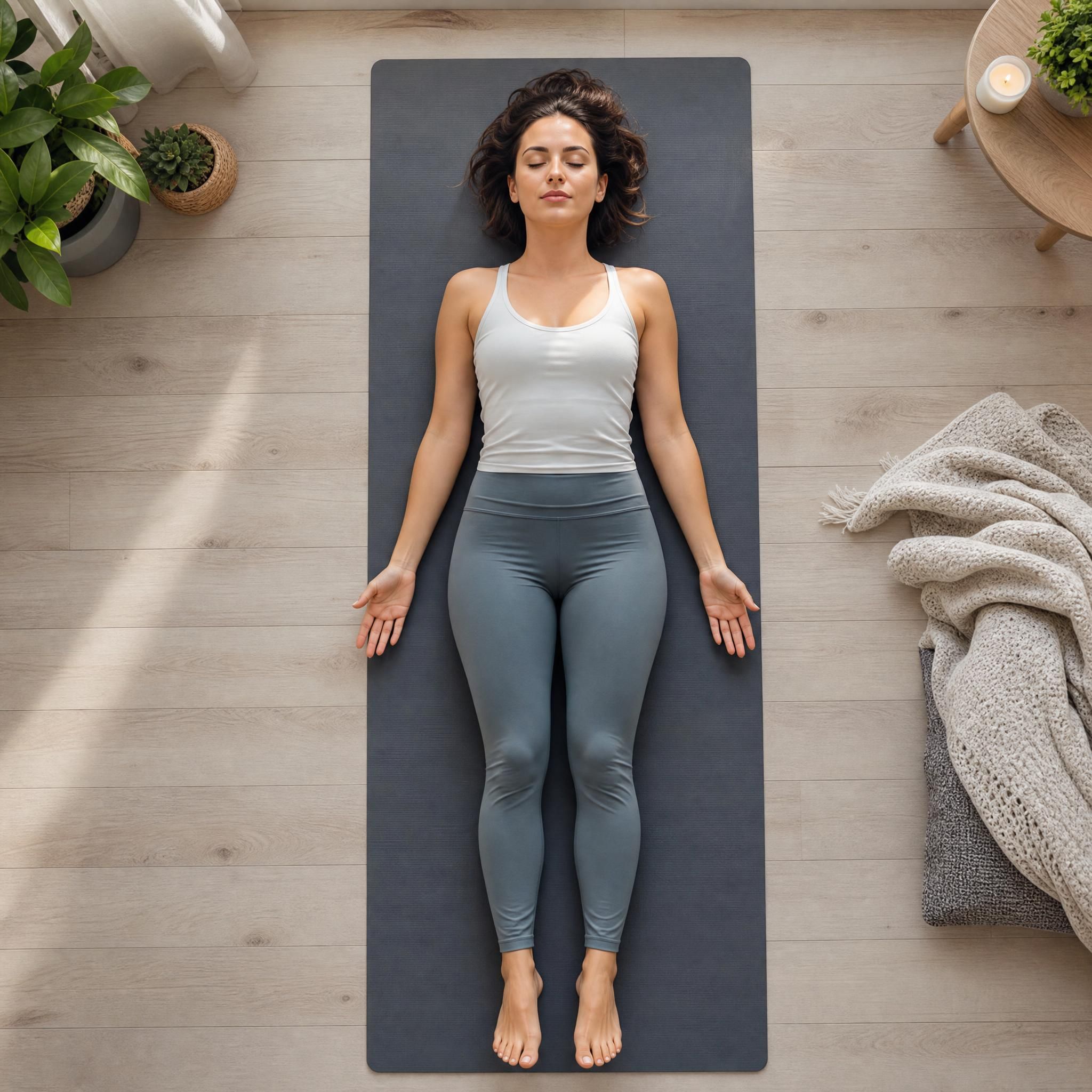 Vue de dessus d'une femme allongée sur un tapis de yoga dans un espace lumineux et épuré, mains ouvertes le long du corps, expression sereine, illustrant la pratique de relaxation profonde et d'auto-hypnose