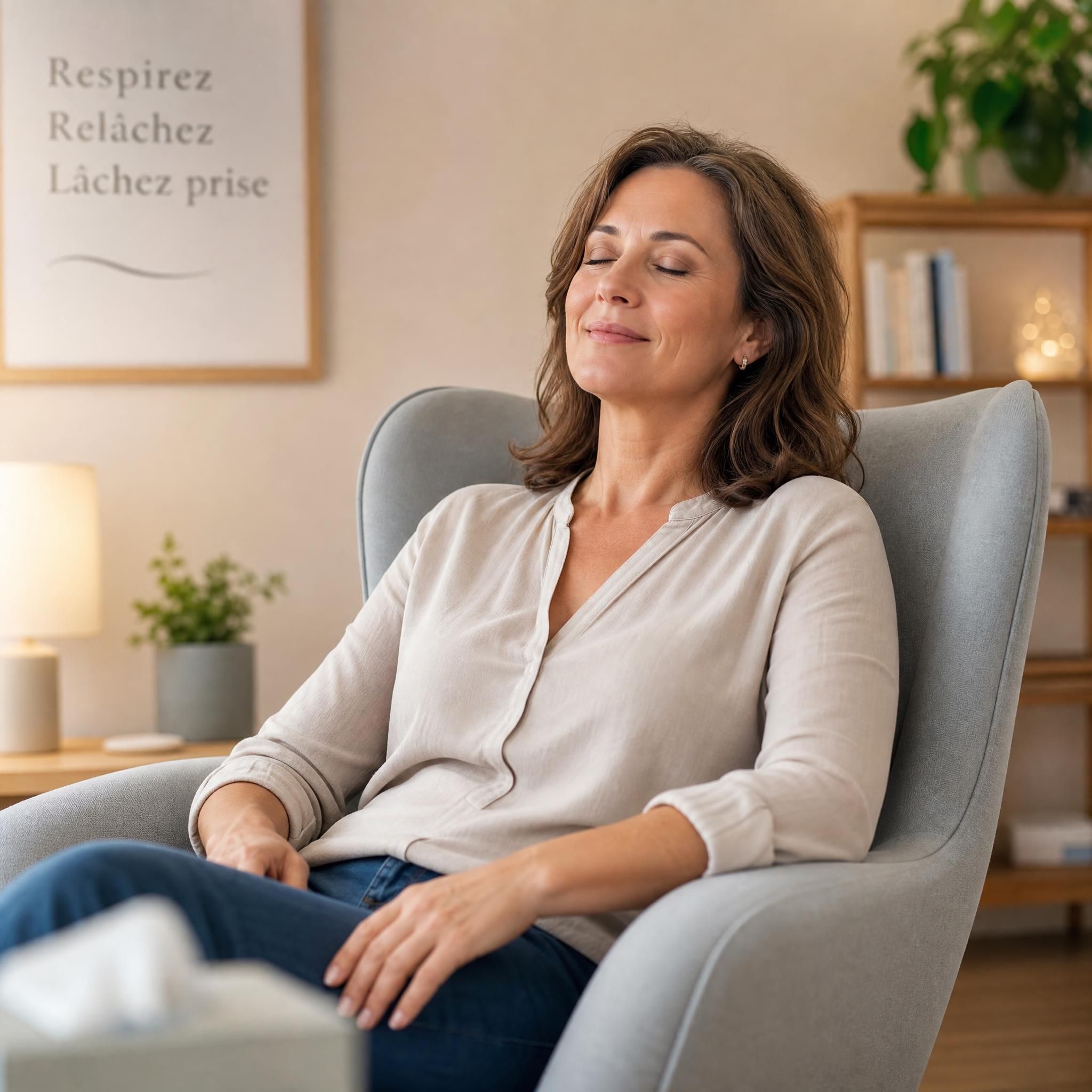 Femme d'une quarantaine d'années, sereine, les yeux mi-clos, posture détendue dans un fauteuil confortable d'un cabinet d'hypnothérapie, expression de soulagement et de paix intérieure, lumière douce, plan moyen