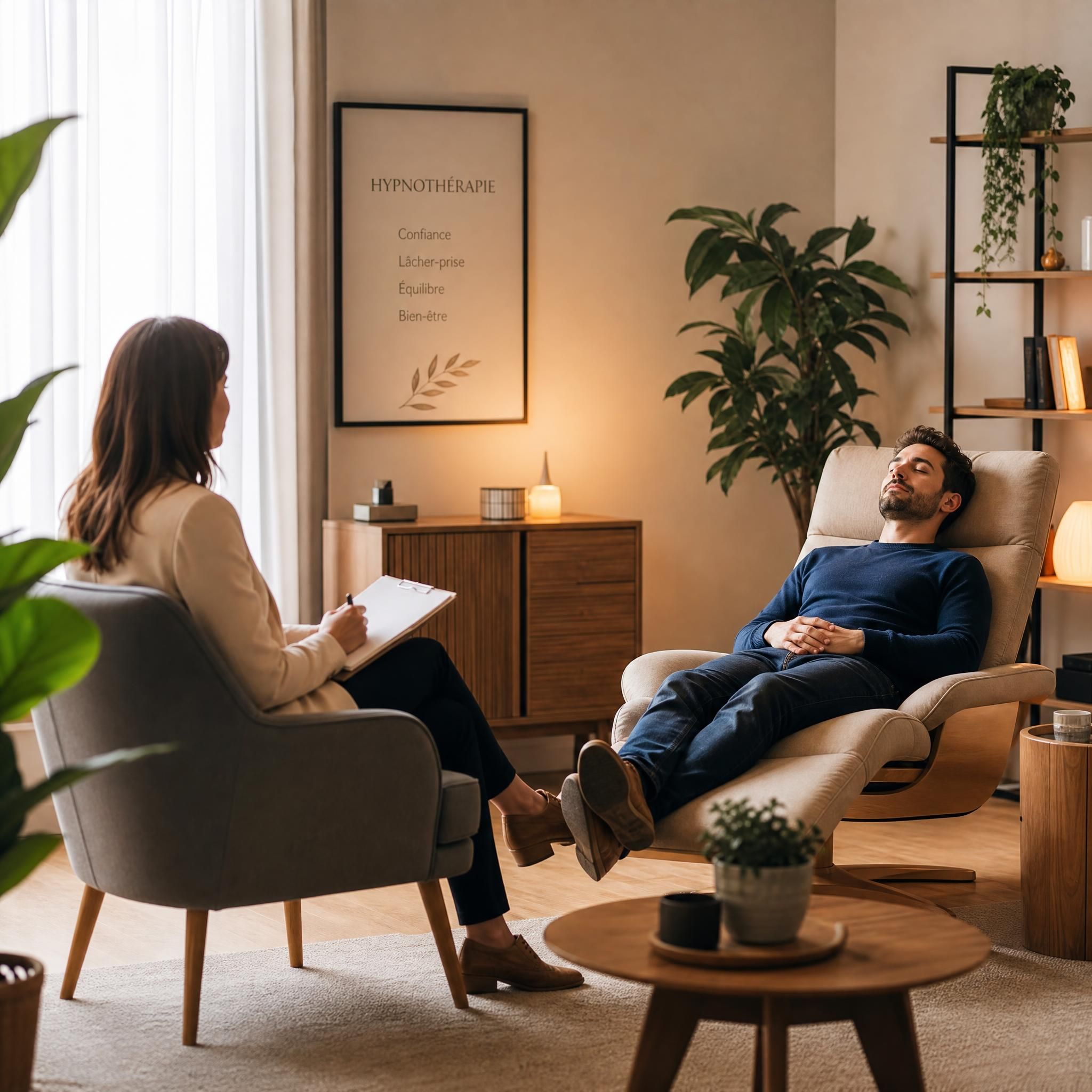 Hypnothérapeute et patient en séance dans un cabinet moderne et chaleureux, ambiance bienveillante, plantes vertes, lumière douce, plan large, atmosphère de confiance et de sécurité