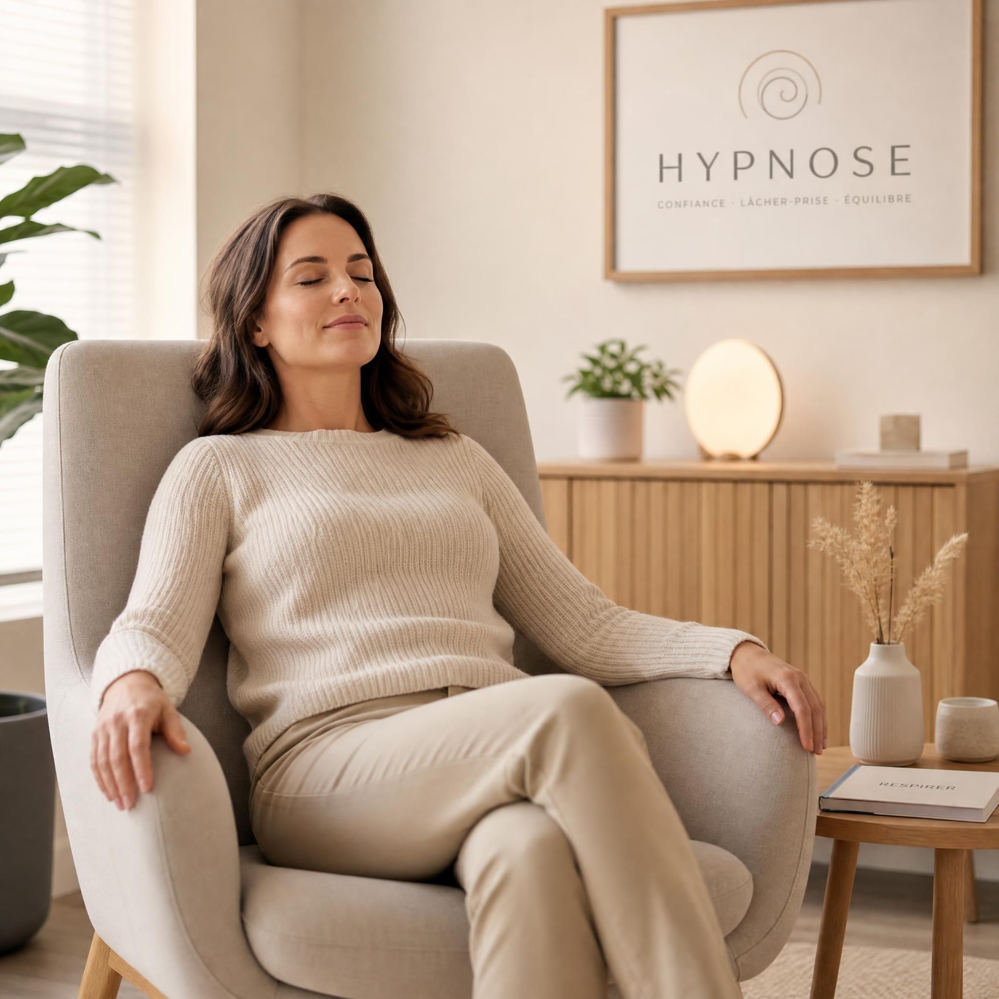 Femme assise dans un fauteuil confortable, épaules relâchées, yeux fermés, expression apaisée, dans un cabinet d'hypnose moderne aux tons beige et bois clair, lumière naturelle douce