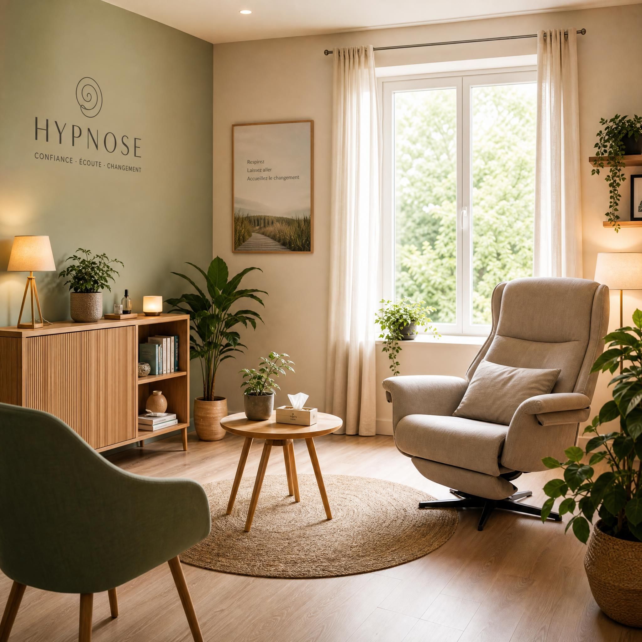 Plan large d'un cabinet d'hypnose moderne et chaleureux, fauteuil confortable, plantes vertes, lumière naturelle douce filtrant par une fenêtre, ambiance de confiance et de bienveillance, sans personne dans la pièce