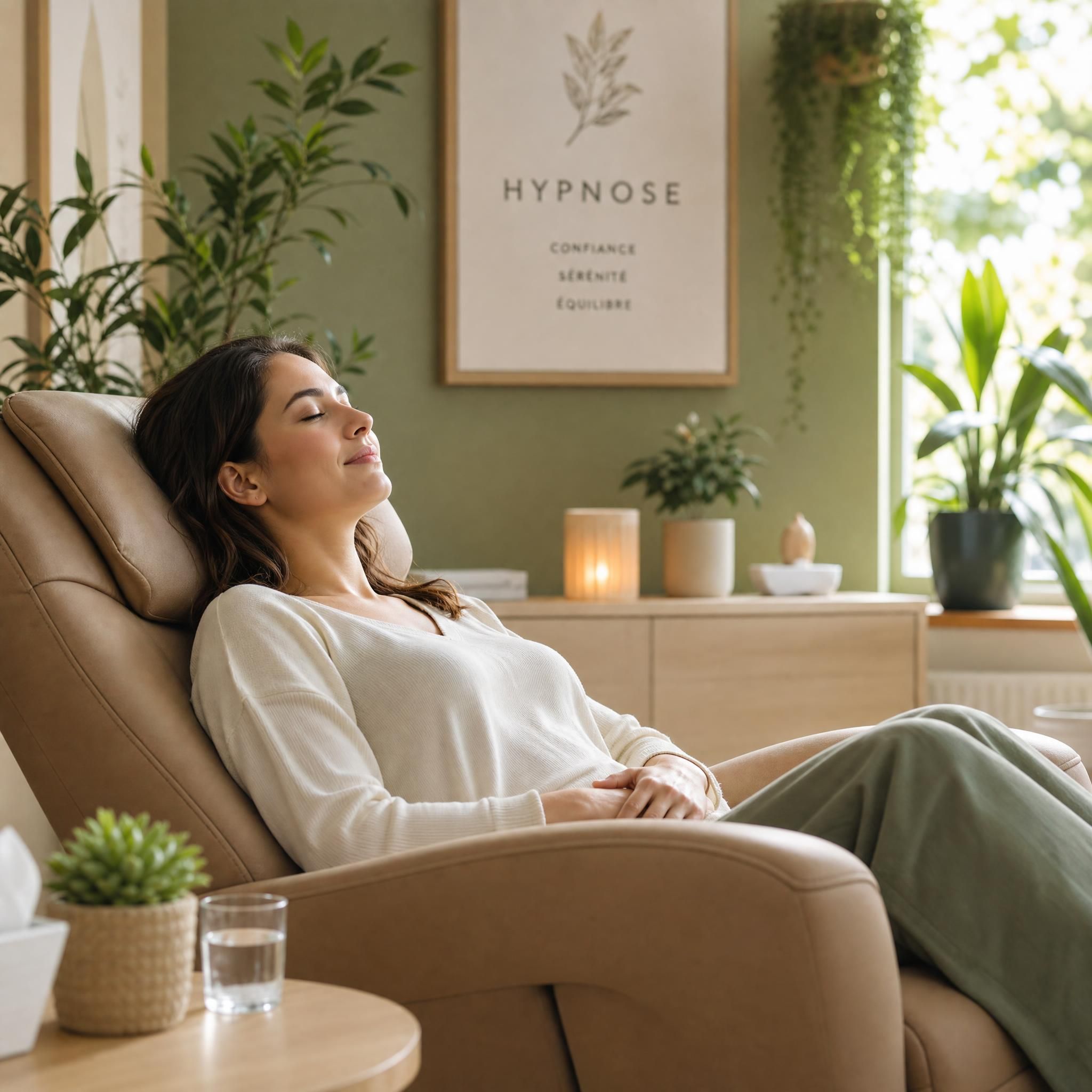 Femme allongée dans un fauteuil de relaxation, expression paisible et détendue, cabinet d'hypnose chaleureux aux tons beige et vert, plantes vertes en arrière-plan, lumière naturelle douce