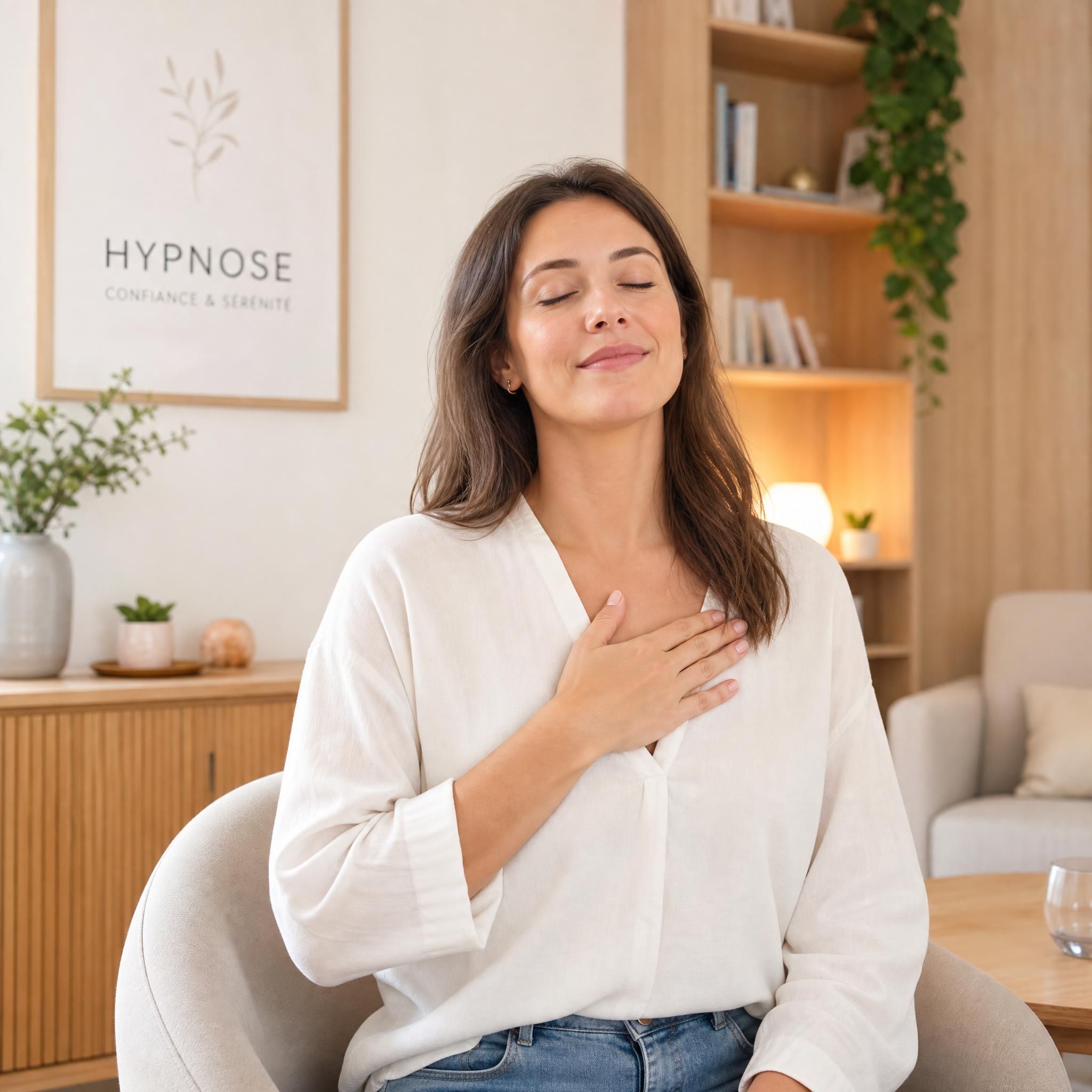 Femme d'une trentaine d'années, sereine, posant la main sur sa poitrine, yeux mi-clos, expression de soulagement profond, dans un cabinet d'hypnose moderne aux tons beige et bois clair, lumière naturelle douce