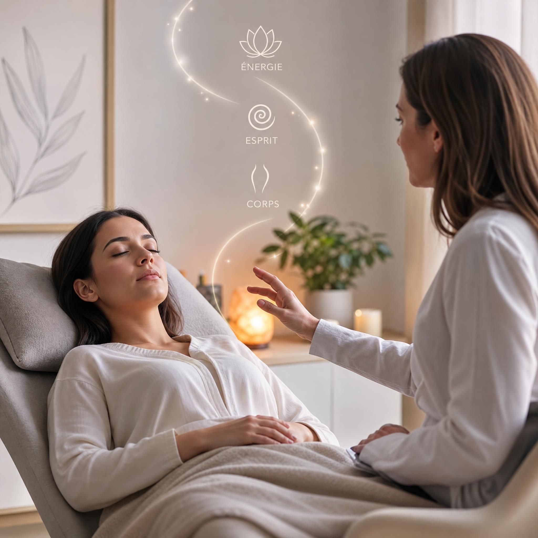 femme sereine en séance d'hypnose thérapeutique, lumière douce, approche holistique corps esprit énergie