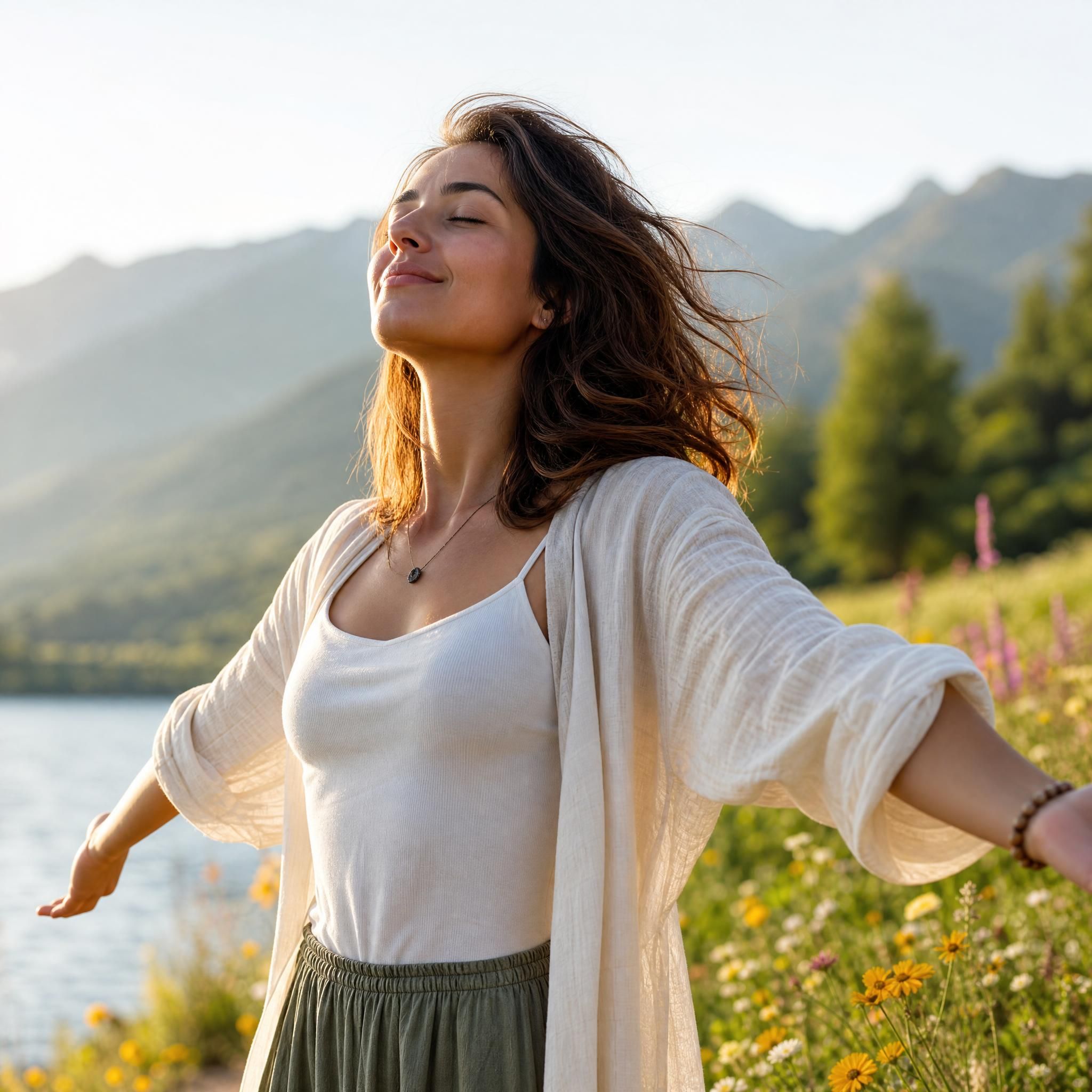 femme épanouie dans la nature, regard serein et confiant, symbolisant la libération de l'anxiété et la reconnexion à soi après un accompagnement holistique