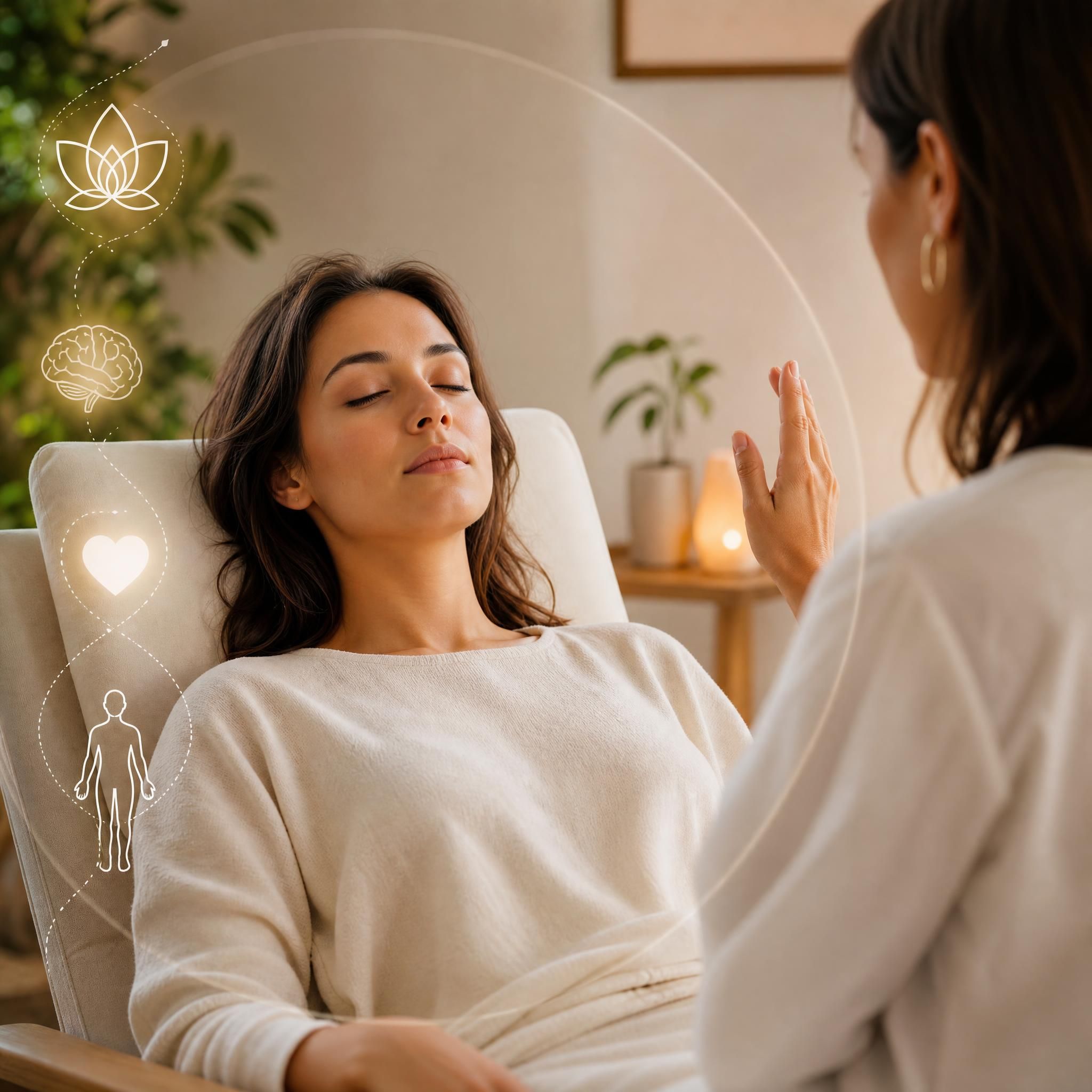 femme sereine les yeux fermés en séance d'hypnose thérapeutique, lumière douce et apaisante, approche holistique corps-esprit