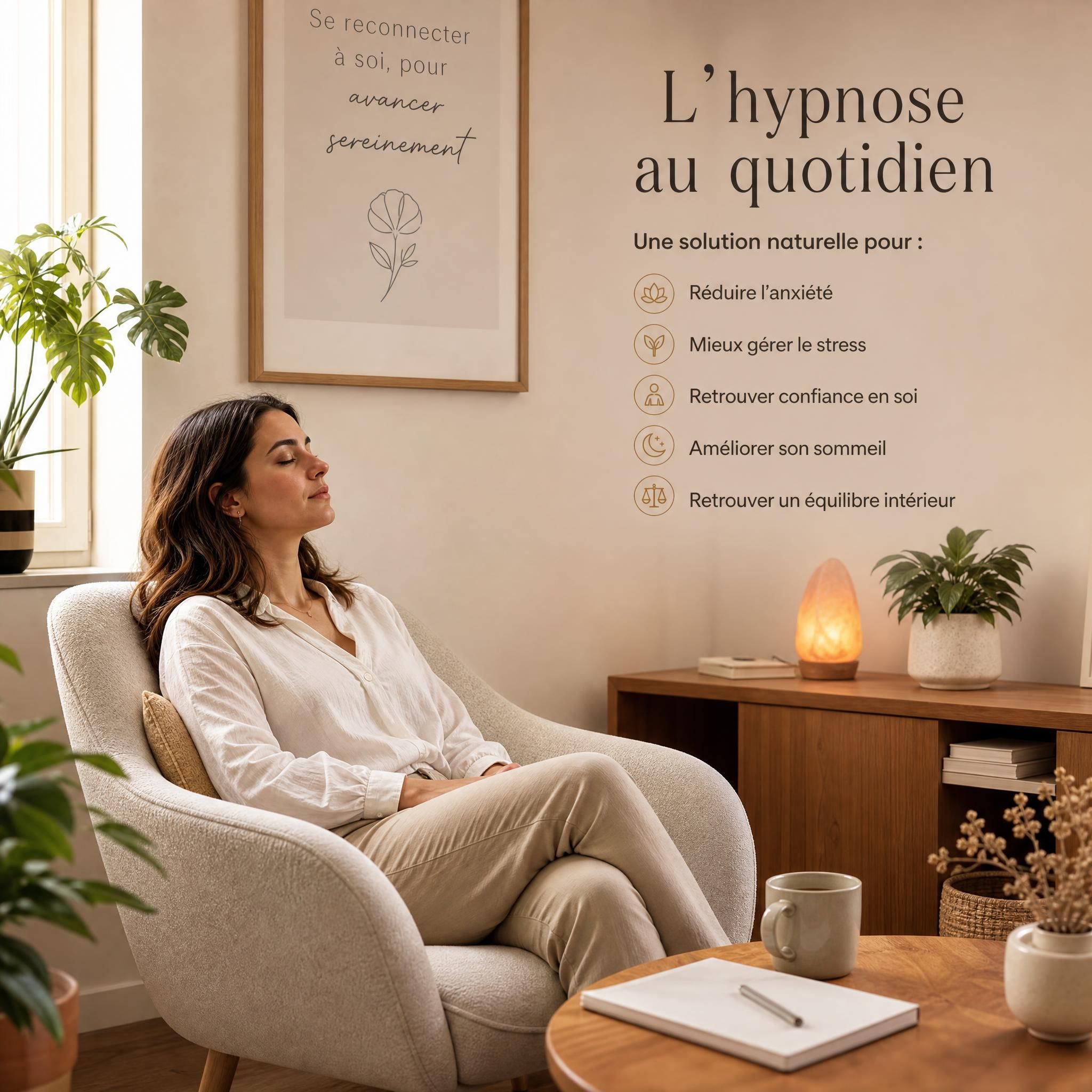 femme en séance d'introspection, espace thérapeutique chaleureux, lumière naturelle, hypnose anxiété quotidien