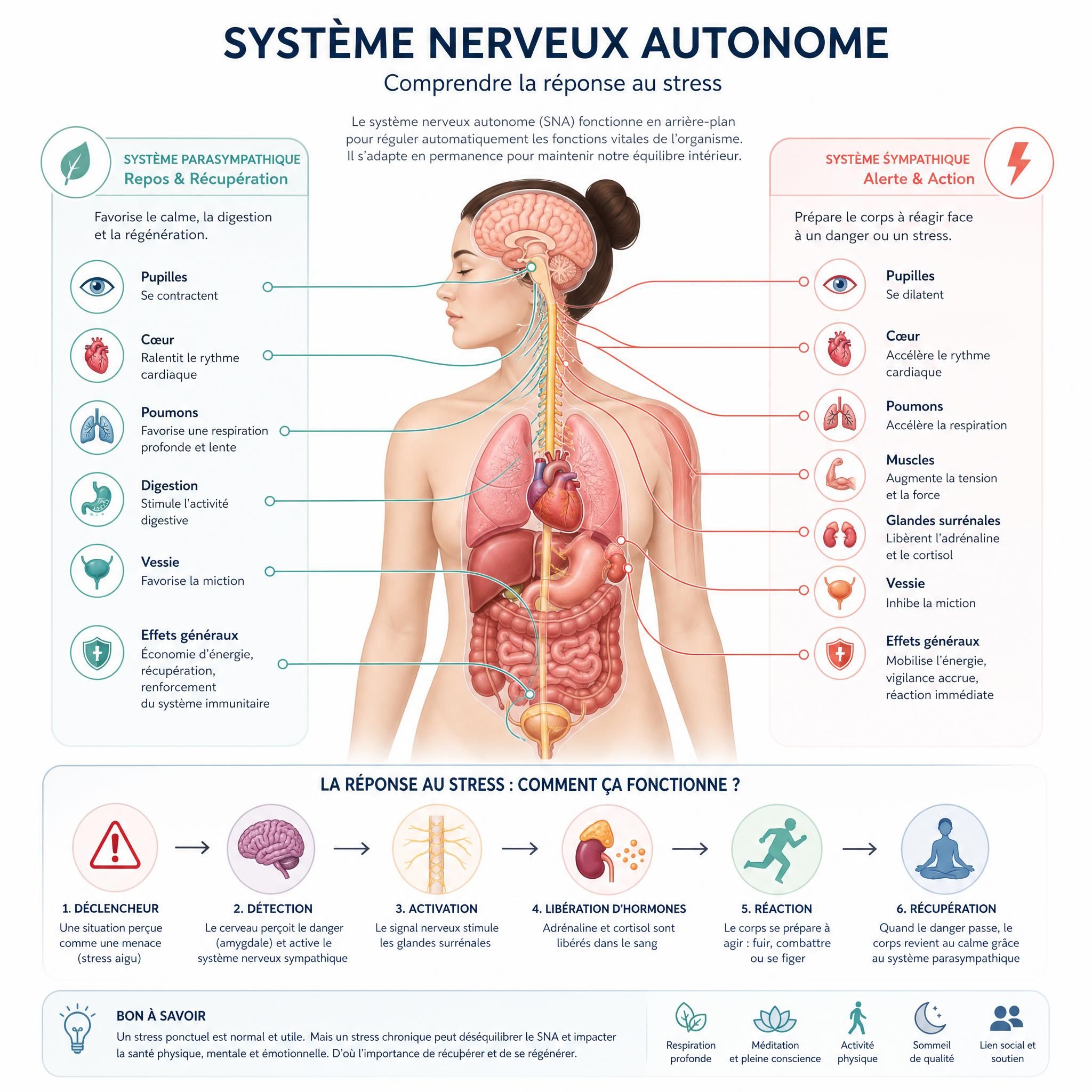 illustration du système nerveux autonome et de la réponse au stress, schéma pédagogique corps et cerveau