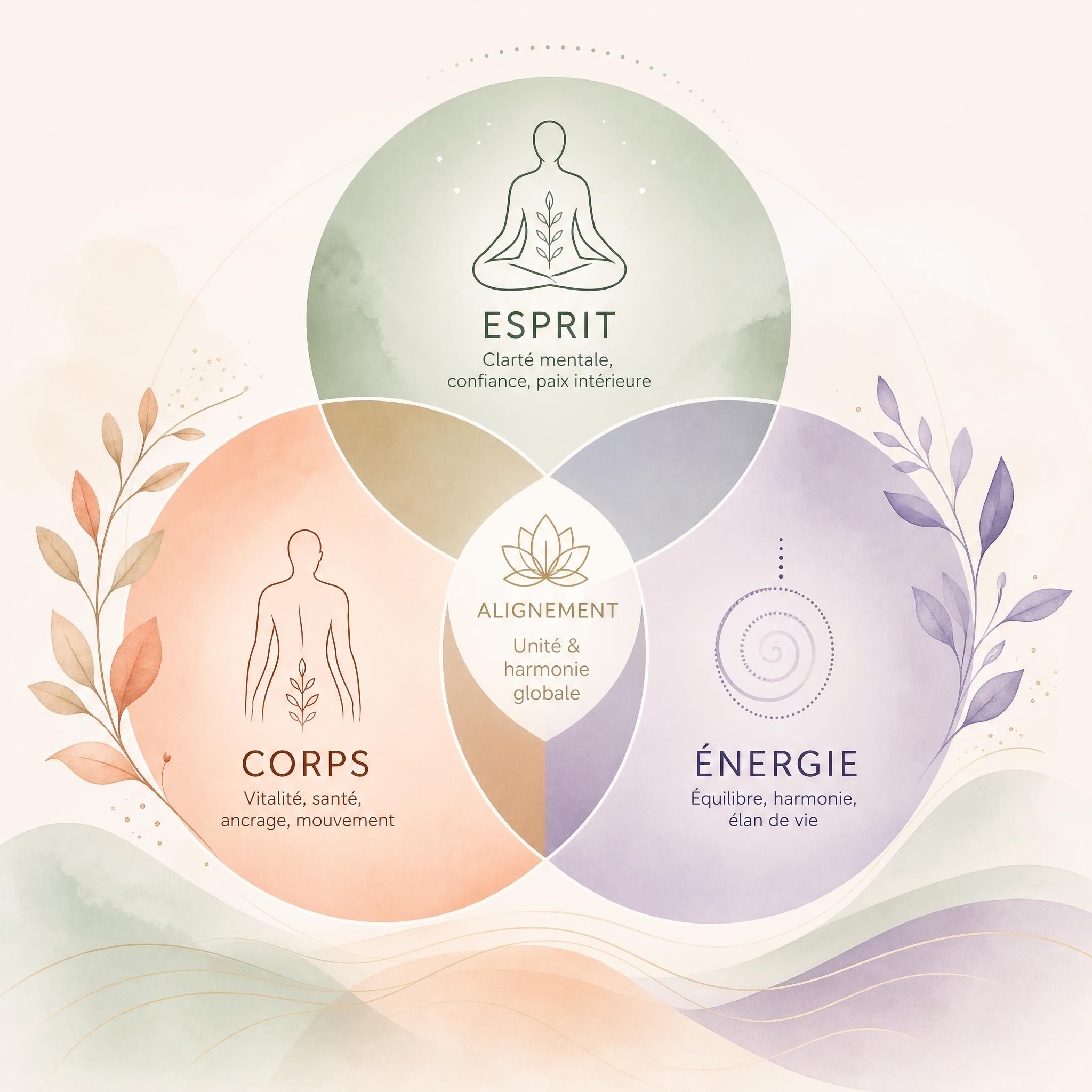 illustration symbolique des trois dimensions corps esprit énergie — cercles entrelacés, couleurs douces, ambiance holistique bienveillante