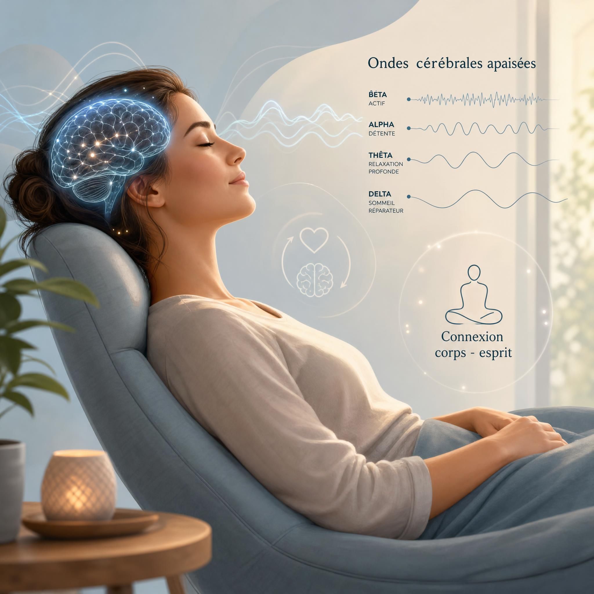 illustration douce d'une femme en état de détente profonde, ondes cérébrales apaisées, connexion corps-esprit — hypnose thérapeutique anxiété neurosciences