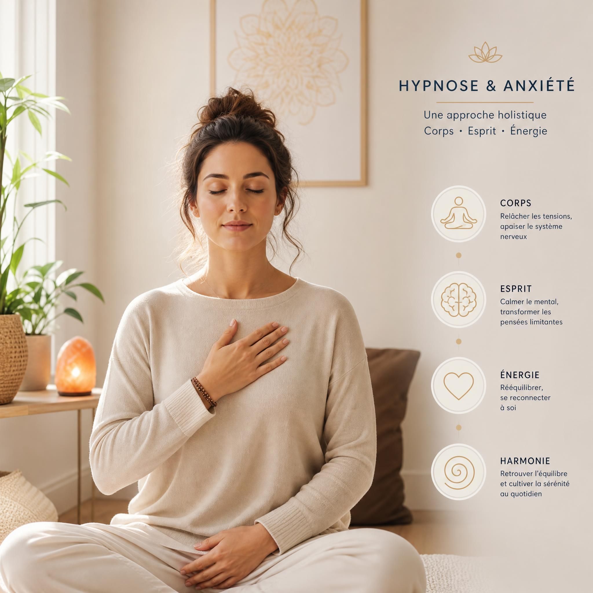 femme assise dans un espace calme, les yeux fermés, main posée sur le cœur, lumière douce — hypnose anxiété approche holistique corps esprit énergie