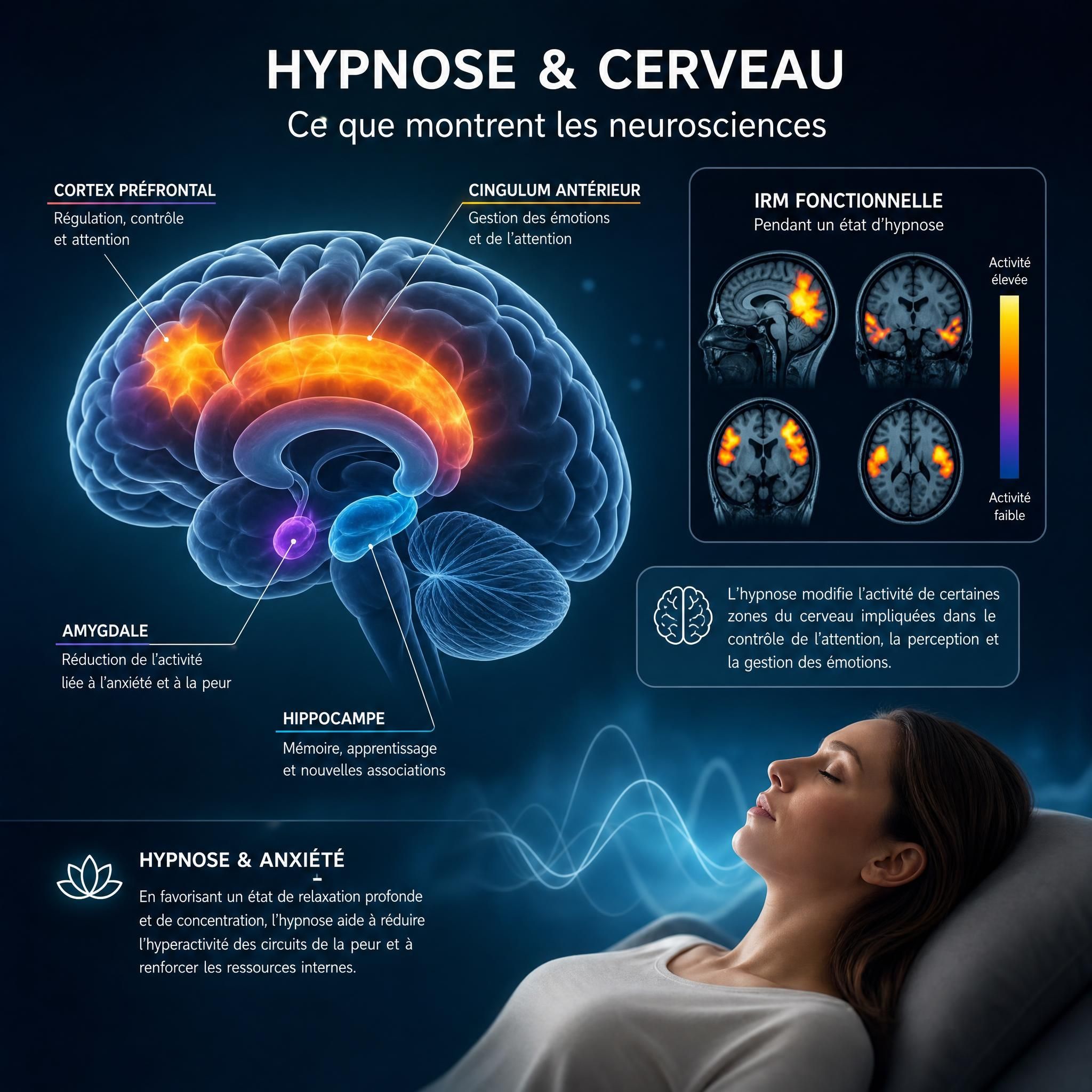 illustration cerveau avec zones d'activité neuronale sous hypnose, IRM fonctionnelle, neurosciences et hypnose anxiété