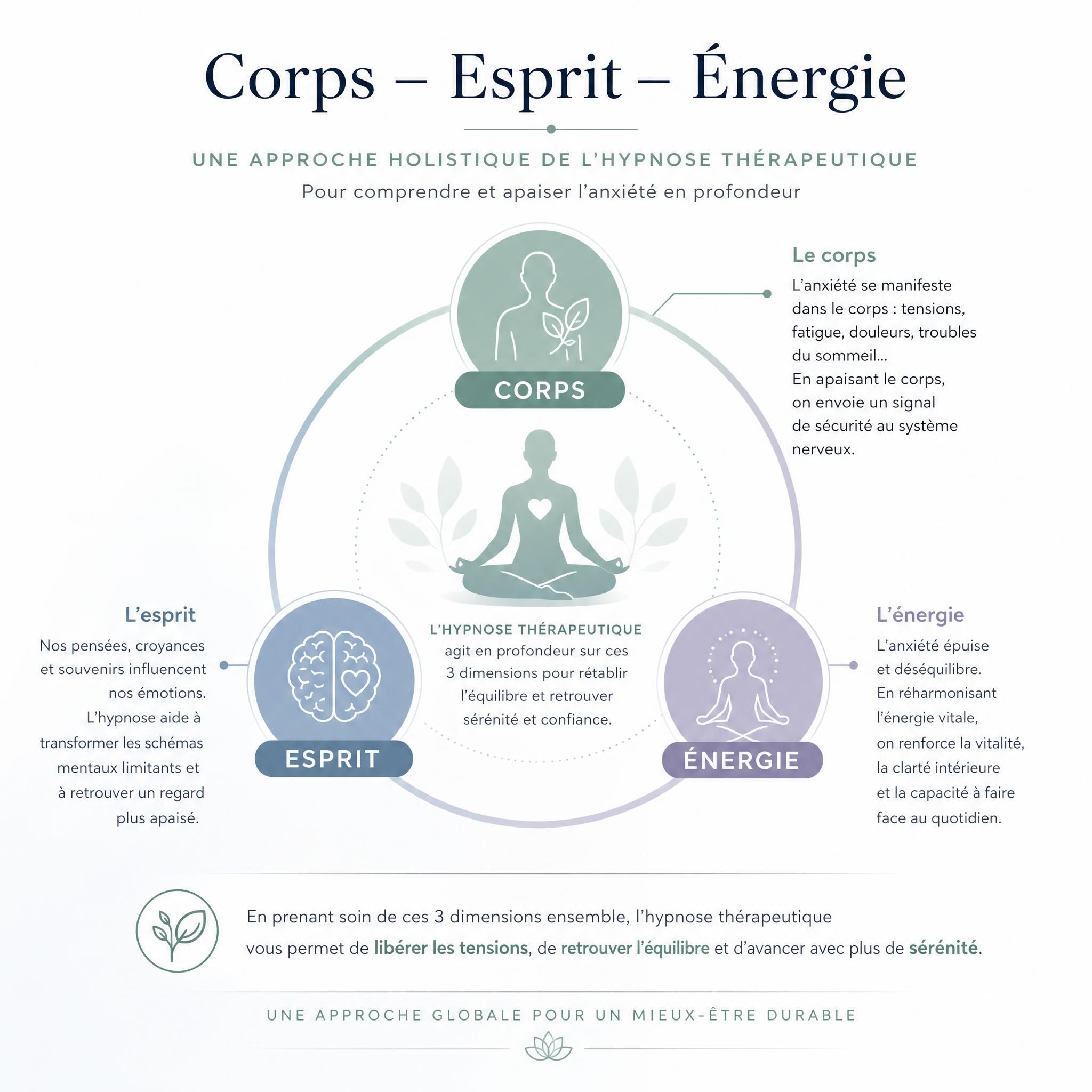 schéma visuel des trois dimensions corps-esprit-énergie, approche holistique hypnose thérapeutique anxiété