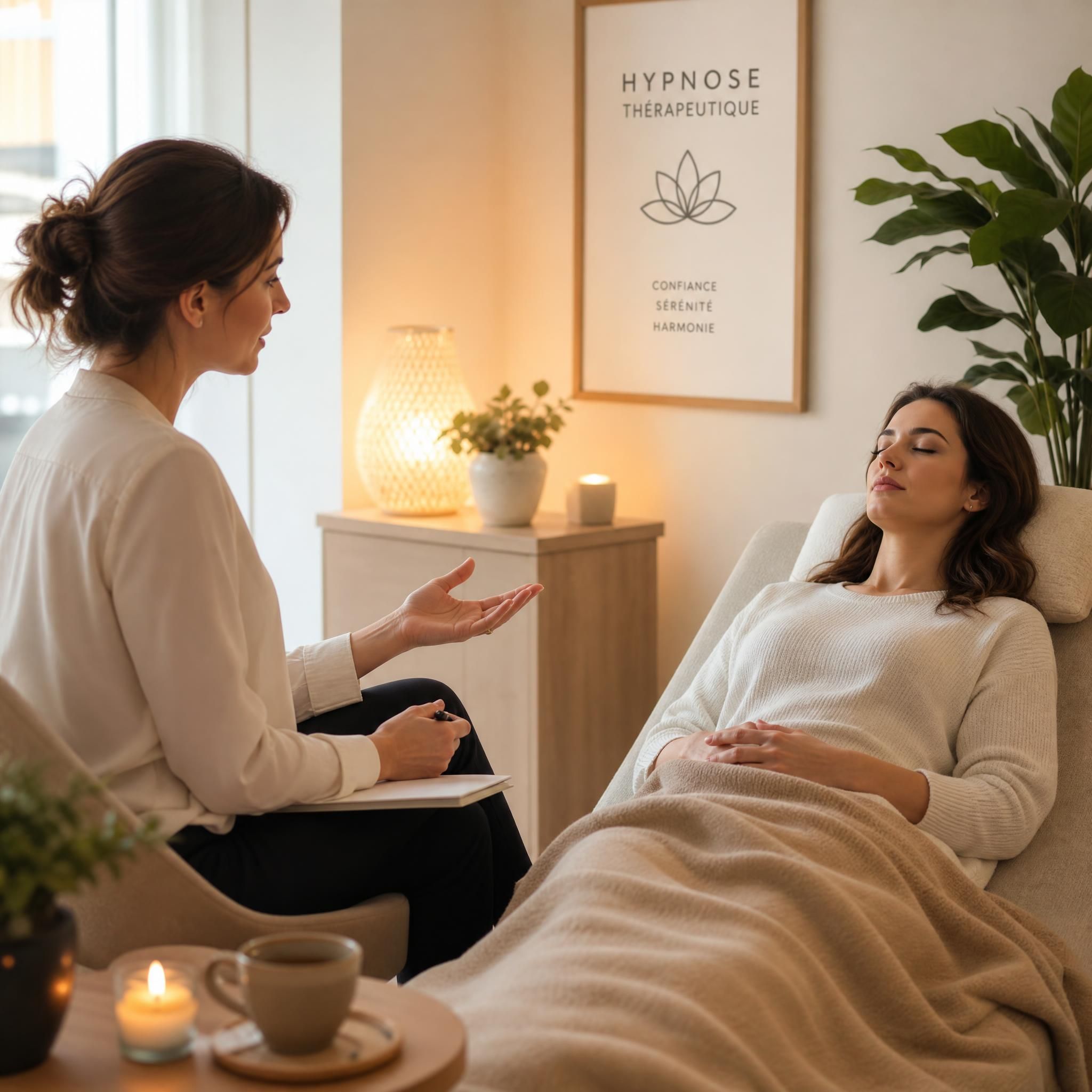 Praticienne en hypnose thérapeutique guidant une patiente dans un espace chaleureux et bienveillant, ambiance de confiance et de sécurité