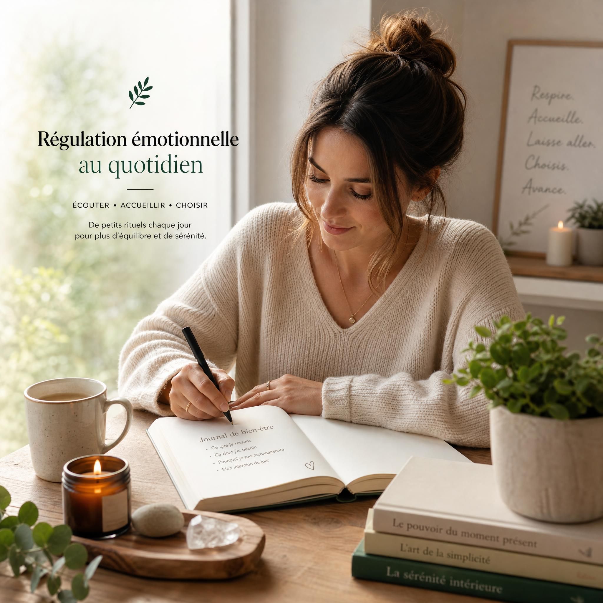 Femme écrivant dans un journal de bien-être, entourée d'éléments naturels, lumière matinale douce, symbolisant la pratique quotidienne de régulation émotionnelle