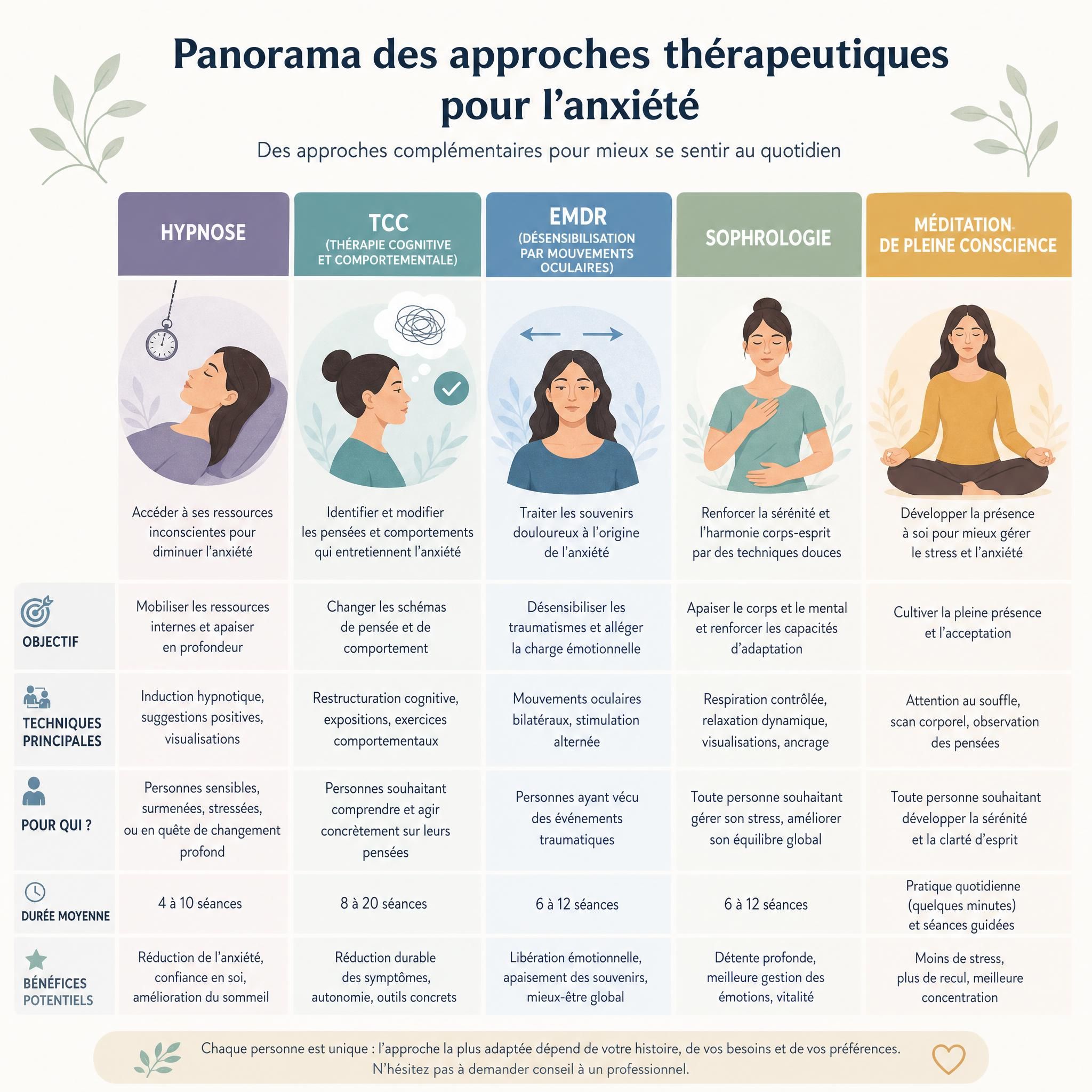 tableau comparatif visuel des approches thérapeutiques pour l'anxiété — hypnose TCC EMDR sophrologie méditation — illustration schématique douce