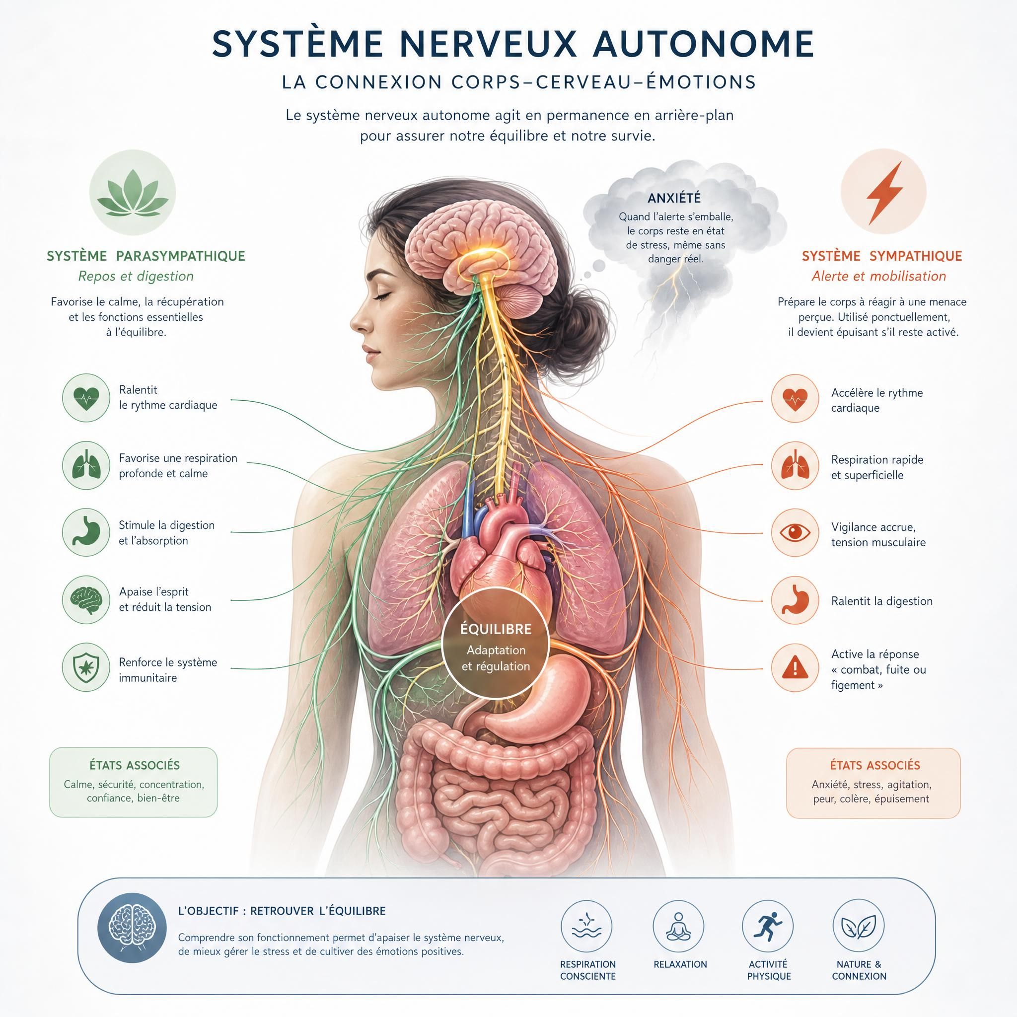Illustration anatomique stylisée du système nerveux autonome, représentant la connexion corps-cerveau-émotions dans le contexte de l'anxiété