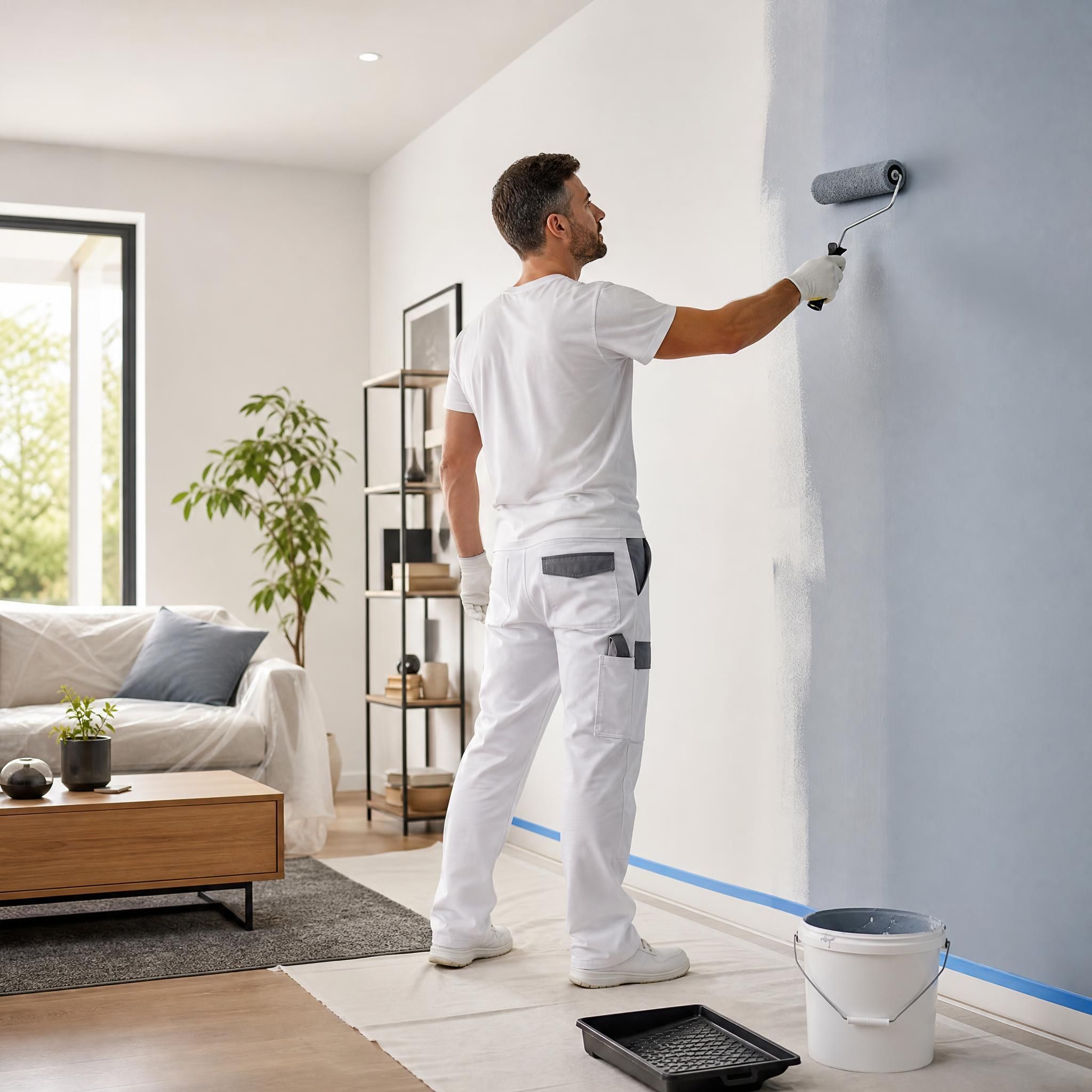 Artisan handyman professionnel en train de peindre un mur intérieur avec un rouleau, finition soignée dans un salon moderne