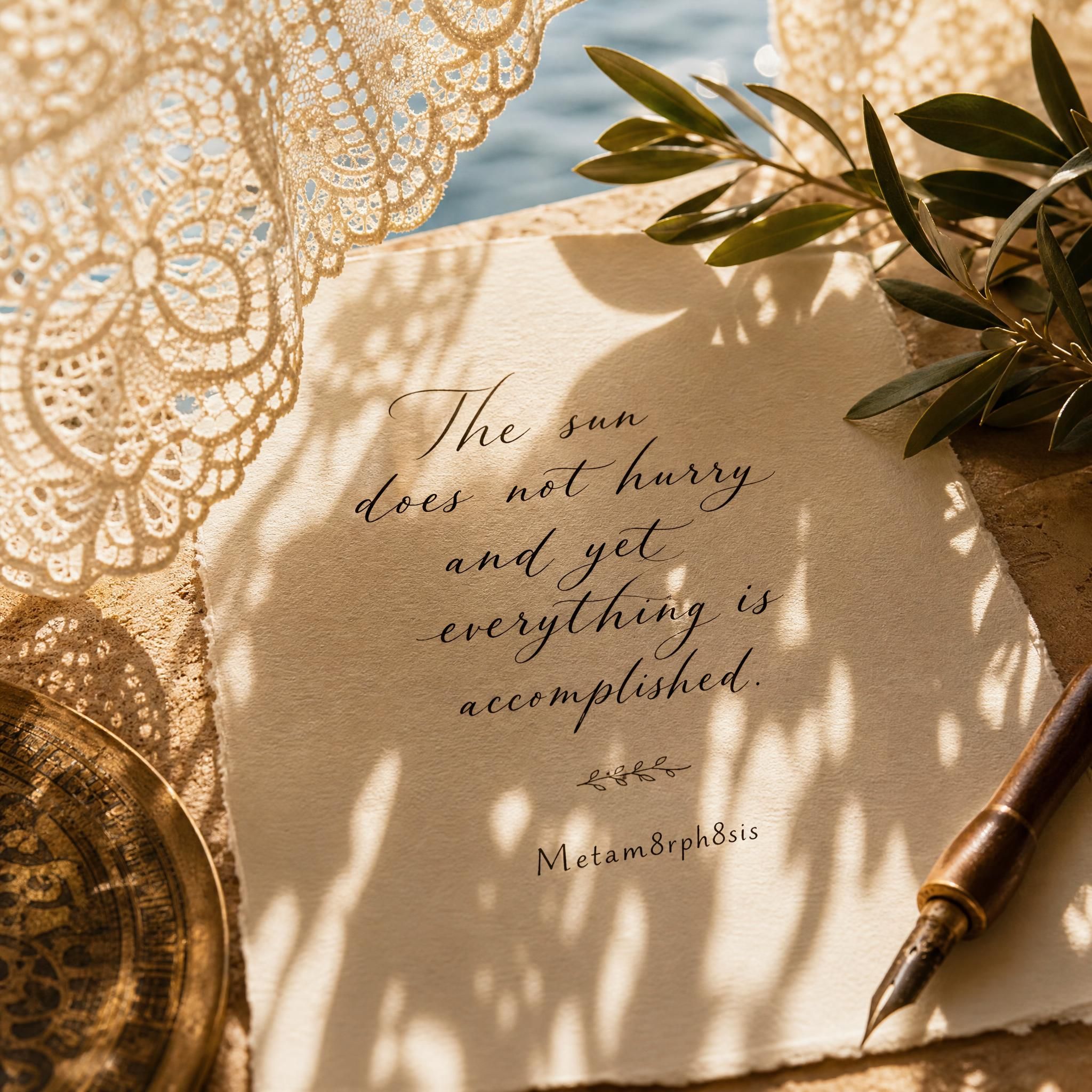 Mediterranean light filtering through lace onto a calligraphy piece by Metam8rph8sis, warm golden tones, poetic slow life atmosphere