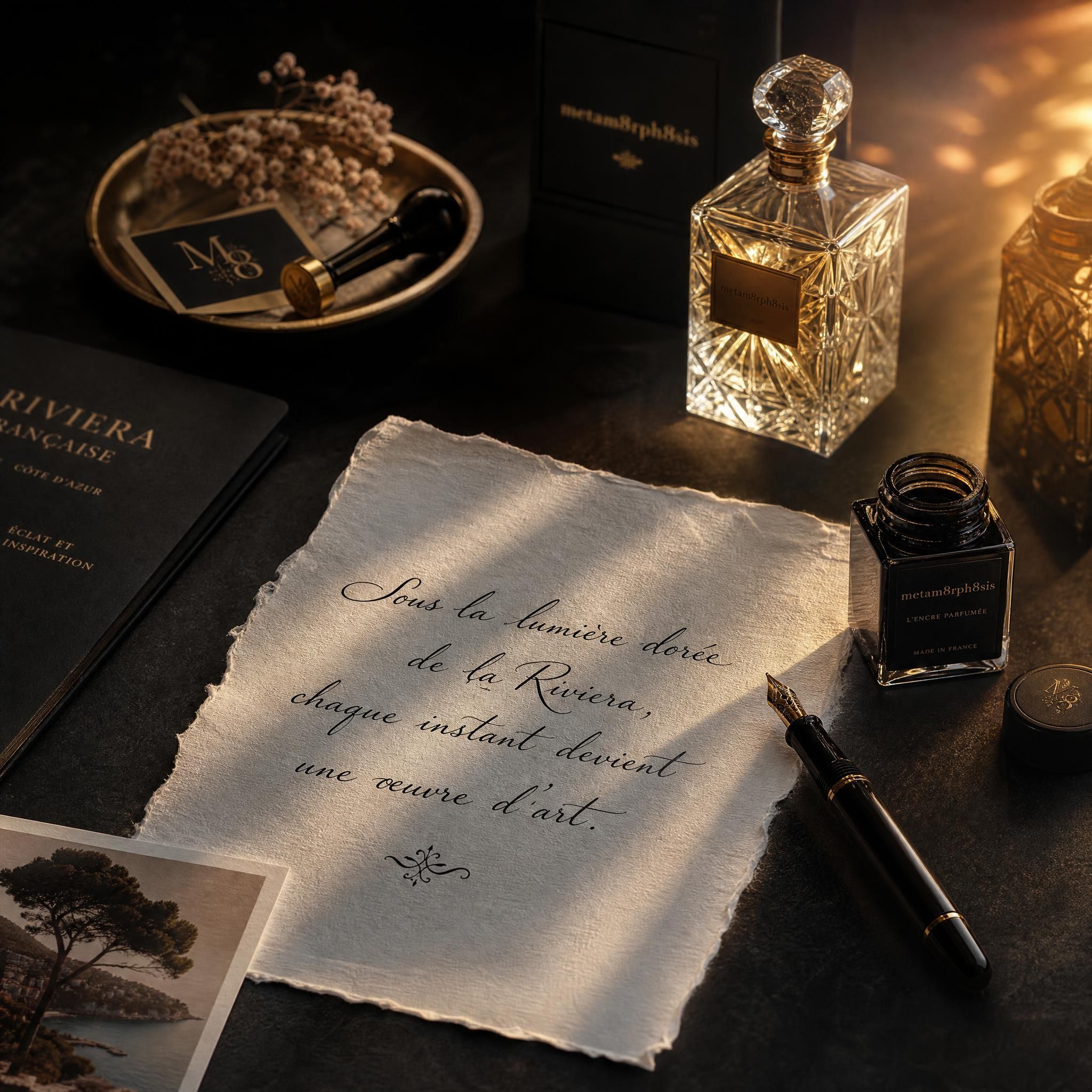 Lumière dorée de la Riviera française sur une calligraphie manuscrite posée sur fond sombre, encre parfumée et papier dentelle, univers Metam8rph8sis