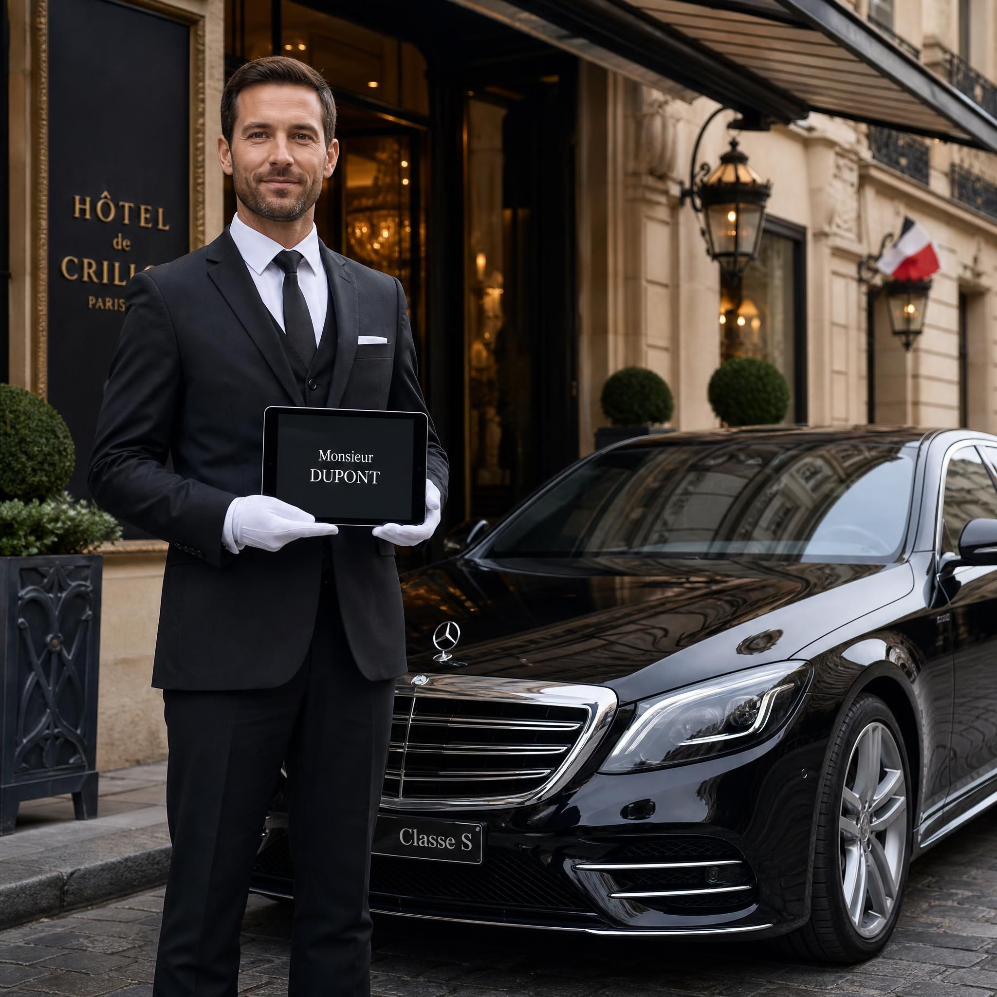 Chauffeur professionnel en costume sombre tenant une tablette nominative devant une Mercedes Classe S noire devant un hôtel de luxe parisien