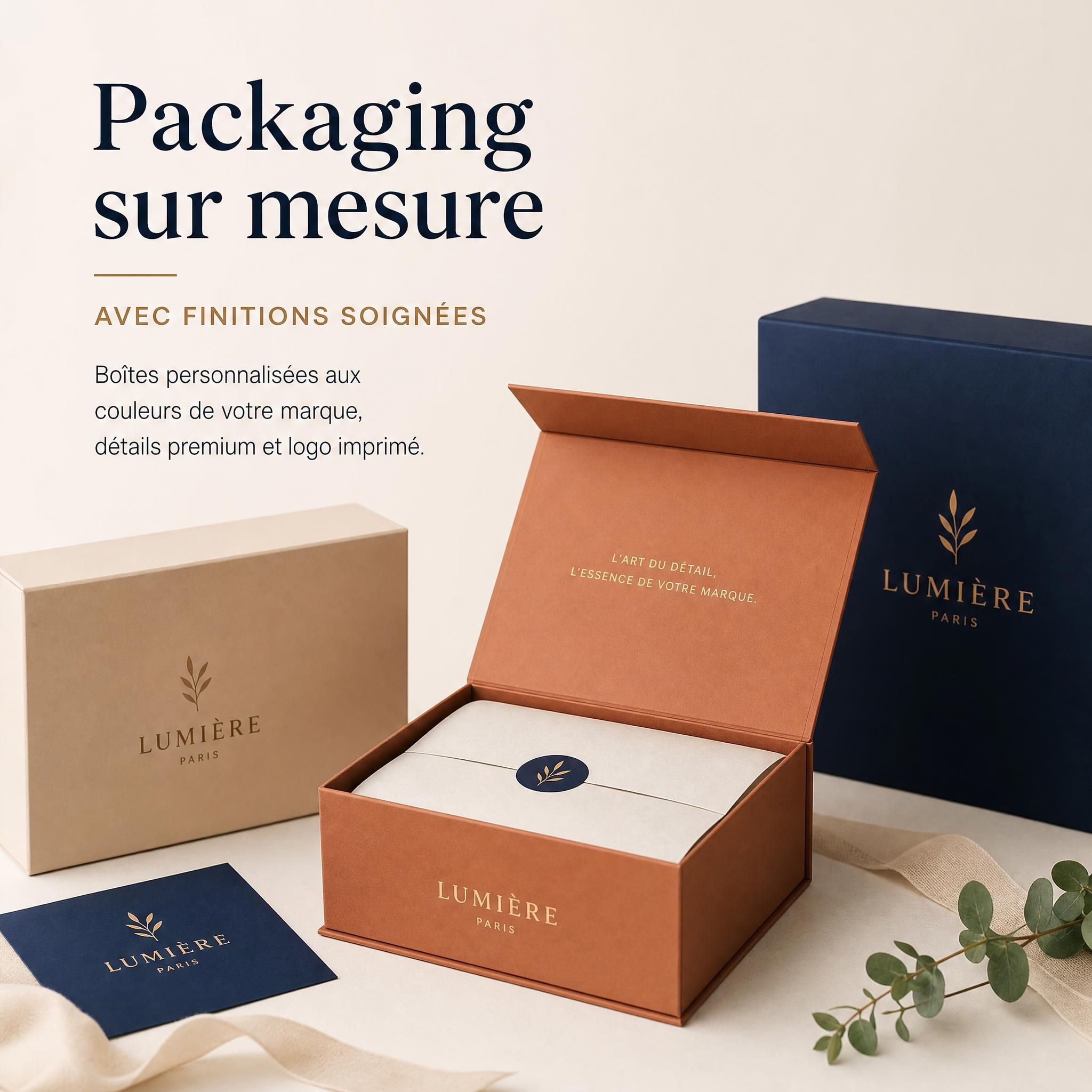 Packaging sur mesure avec finitions soignées — boîtes personnalisées aux couleurs d'une marque, détails premium et logo imprimé