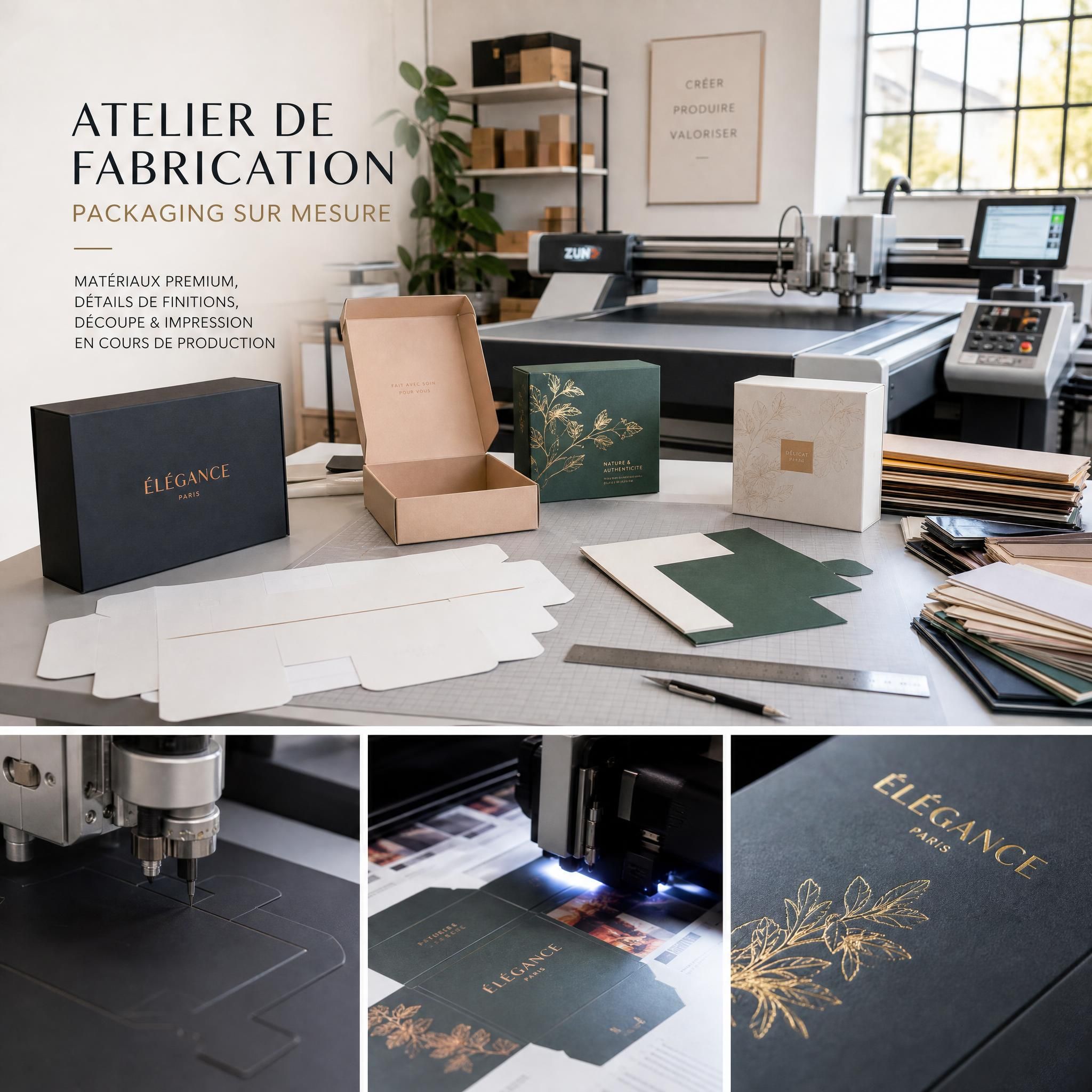 Atelier de fabrication packaging sur mesure — matériaux premium, détails de finitions, découpe et impression en cours de production