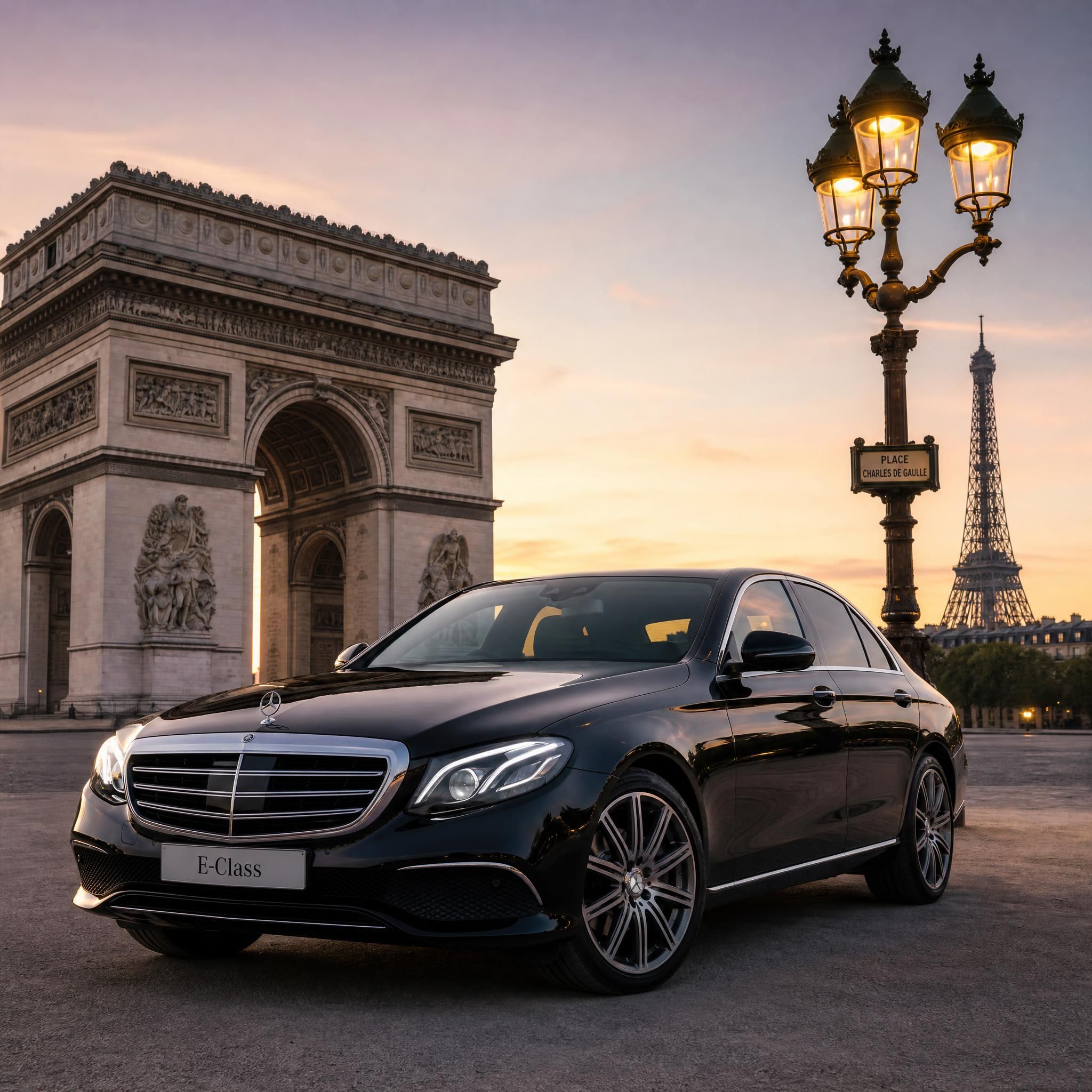 Black Mercedes-E-Class luxury chauffeur vehicle parked in front of a Parisian landmark at dusk, representing premium private transport in Paris