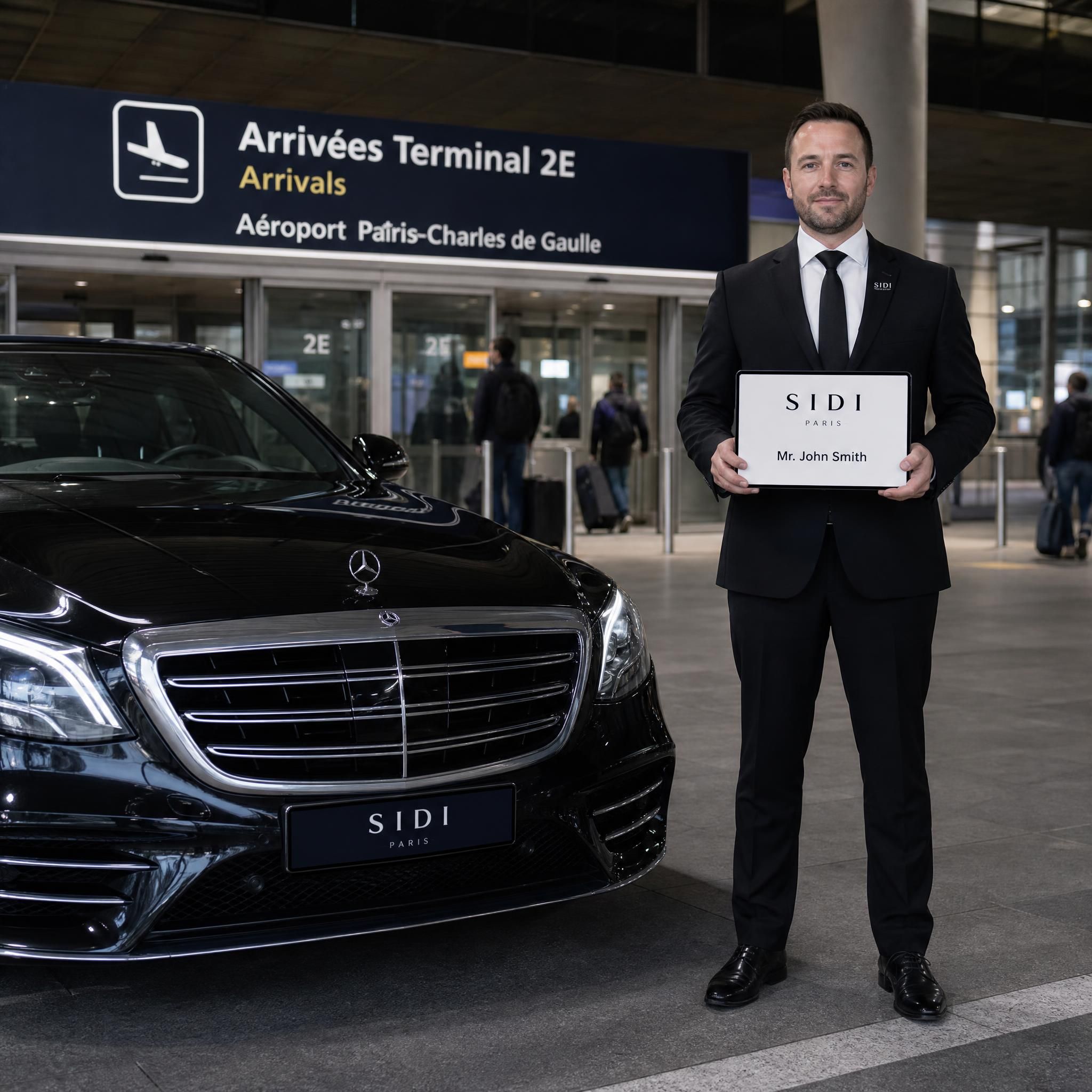 Black Mercedes S-Class with a professional SIDI Paris chauffeur holding a name board at Charles de Gaulle Airport arrivals terminal
