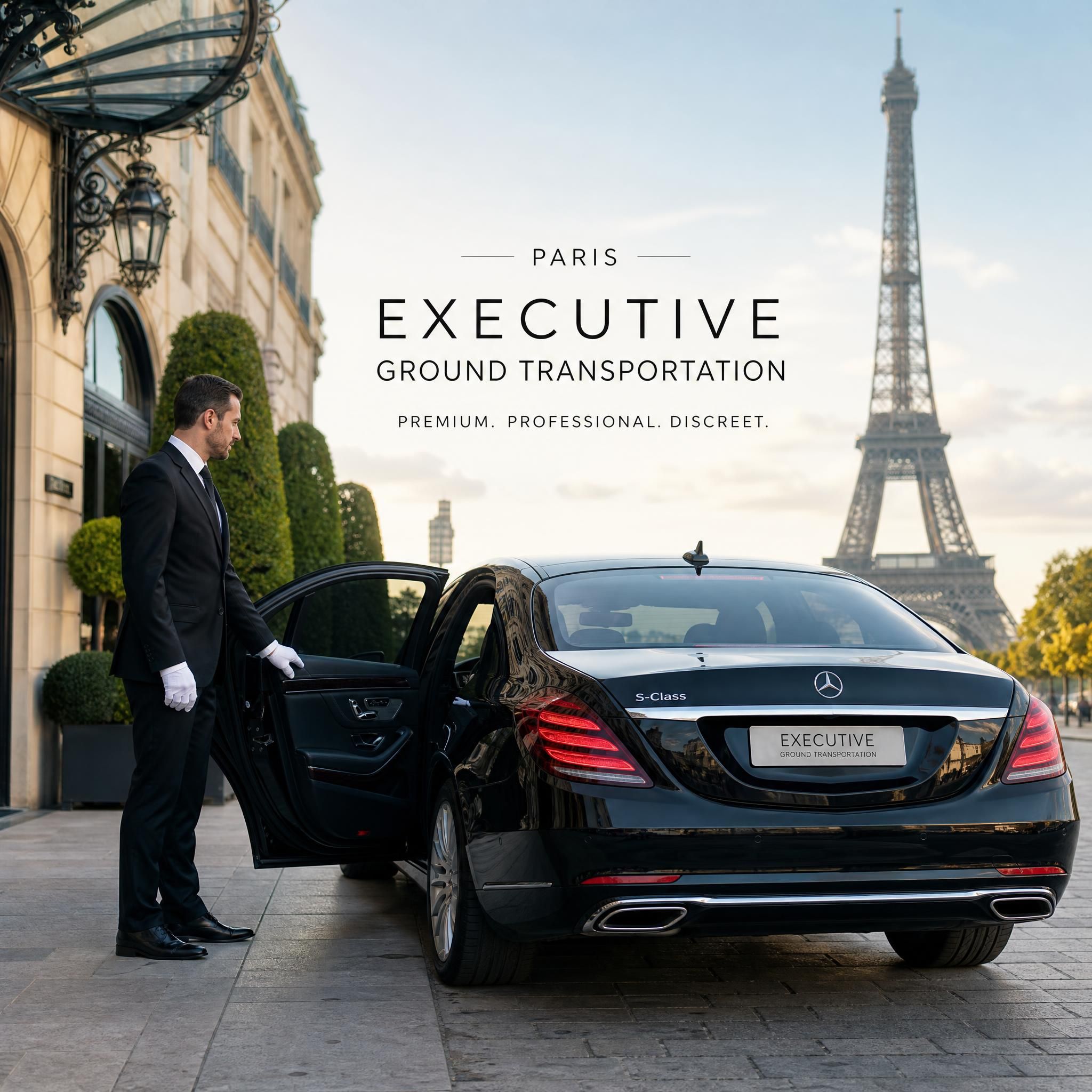 Professional chauffeur in formal attire opening the door of a black Mercedes S-Class in front of a Parisian landmark, symbolizing premium executive ground transportation in Paris