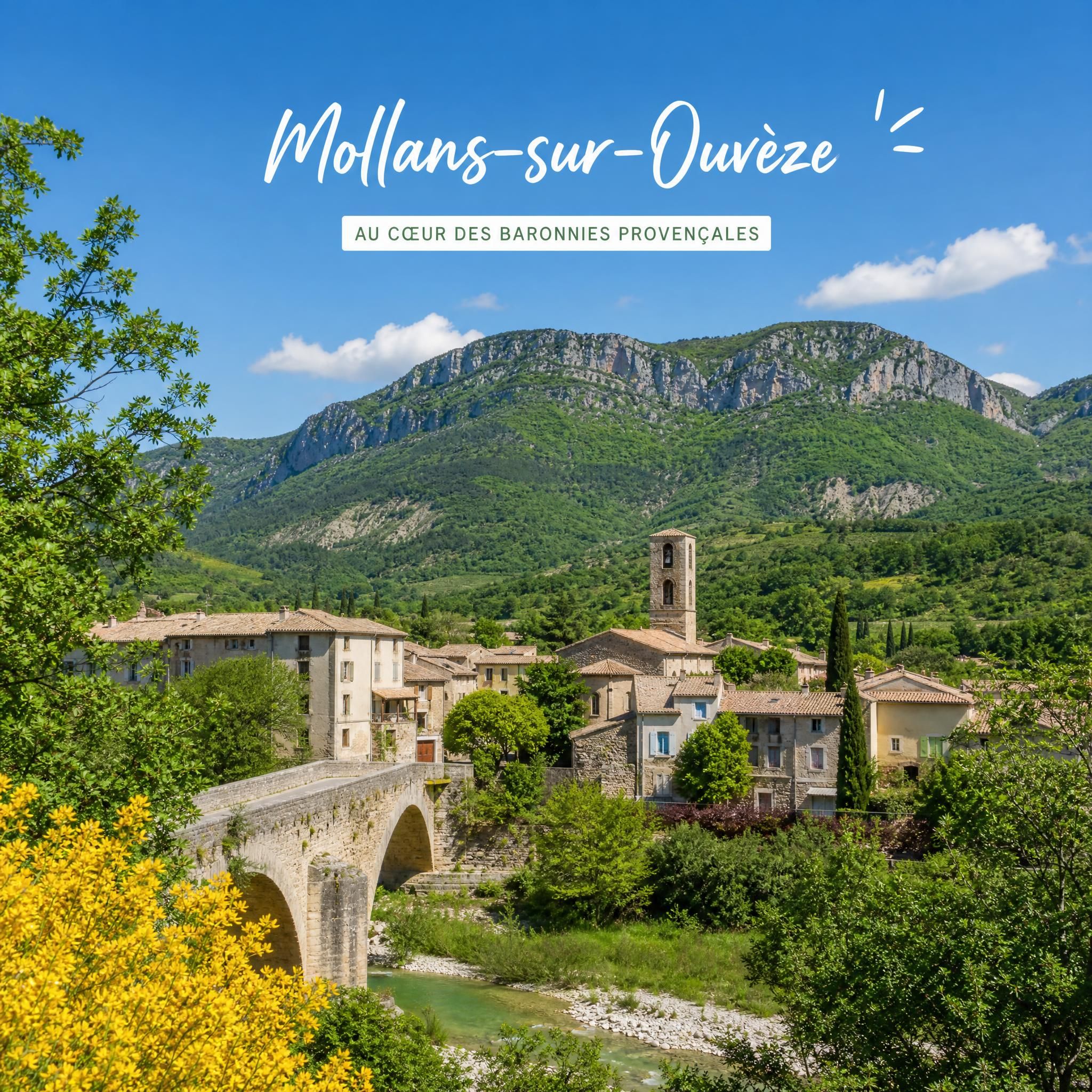 Paysage de Mollans-sur-Ouvèze au cœur du Parc naturel régional des Baronnies provençales, village provençal entouré de nature et de collines