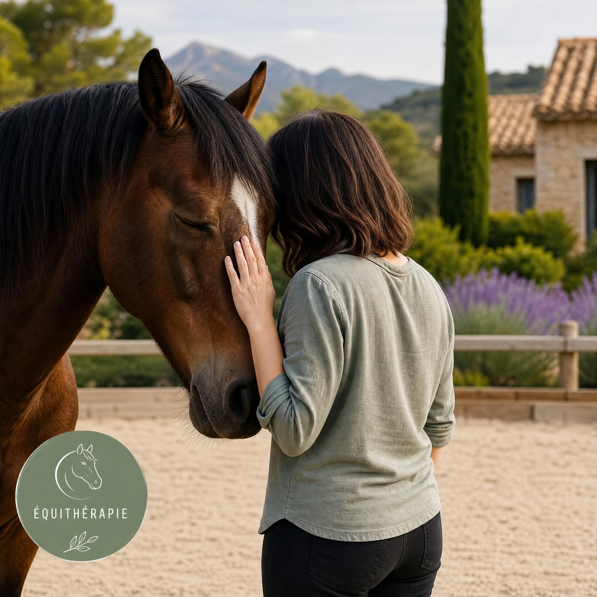 Séance d'équithérapie, interaction douce entre une personne adulte et un cheval en extérieur, cadre naturel provençal, sans visage visible pour respecter la confidentialité