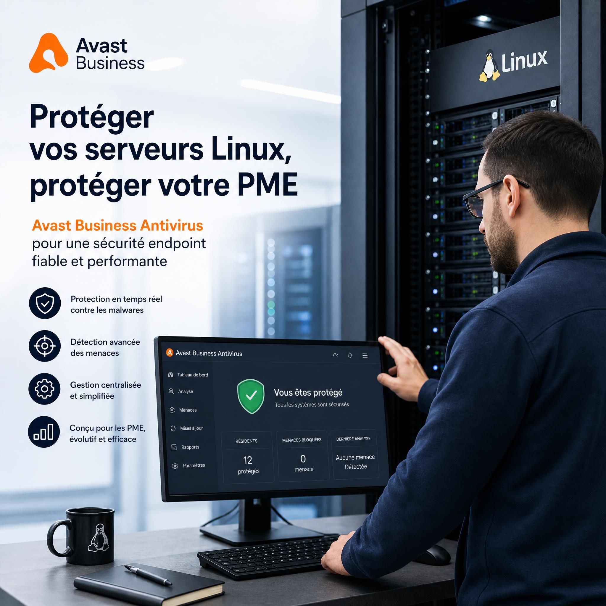 Administrateur système sécurisant un serveur Linux avec Avast Business Antivirus — protection endpoint cybersécurité PME