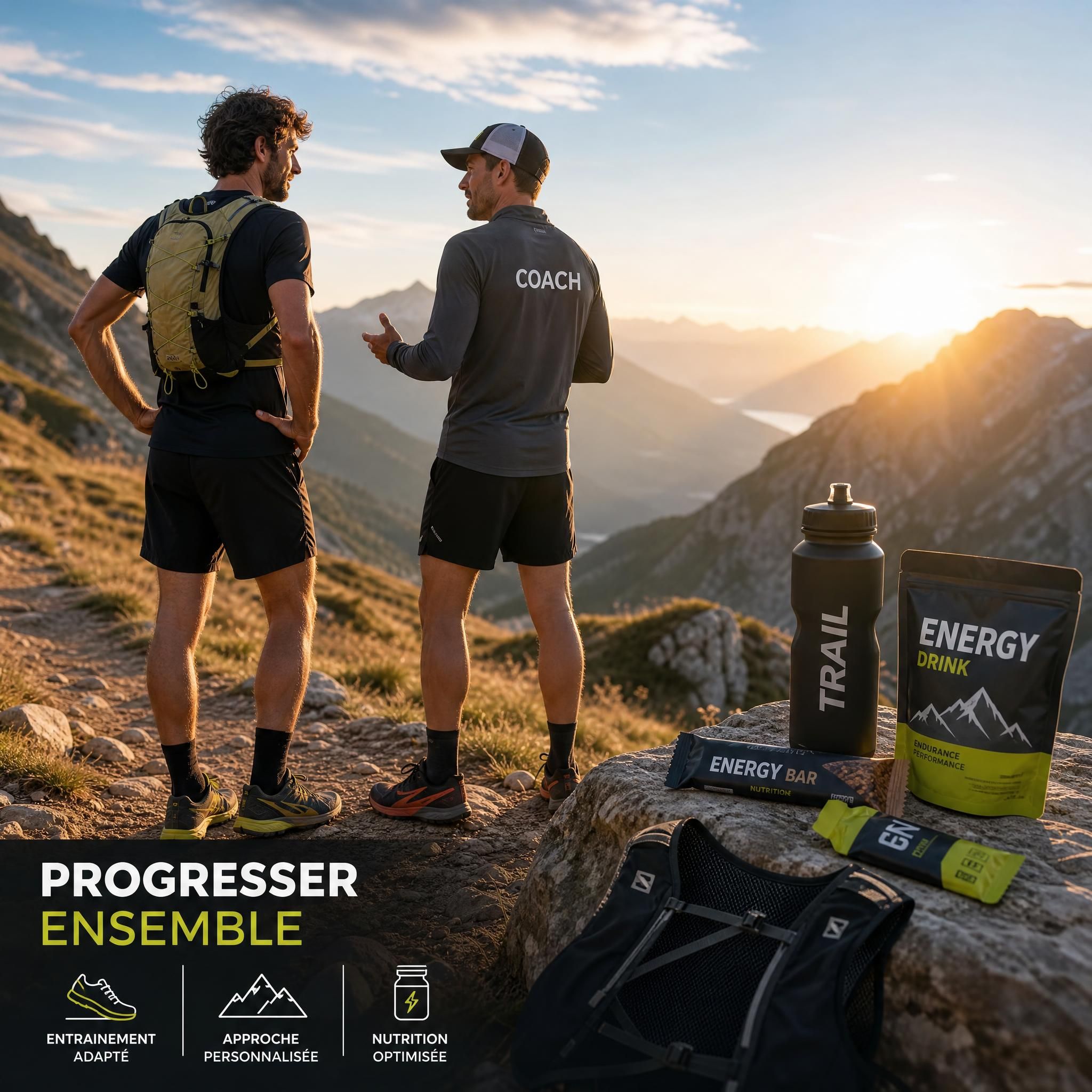 Coureur de trail en montagne avec un coach, paysage naturel au lever du soleil, matériel de running et nutrition sportive au premier plan
