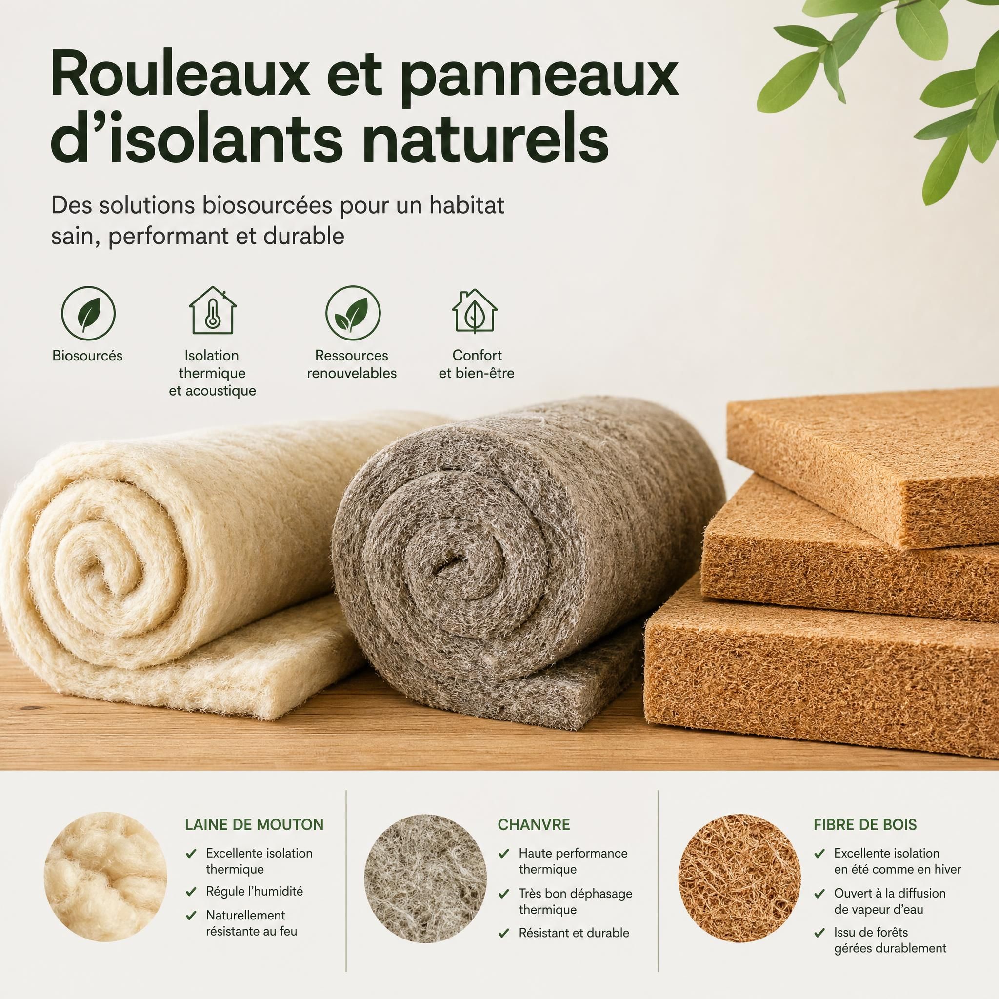 Rouleaux et panneaux d'isolants naturels biosourcés - laine de mouton chanvre fibre de bois