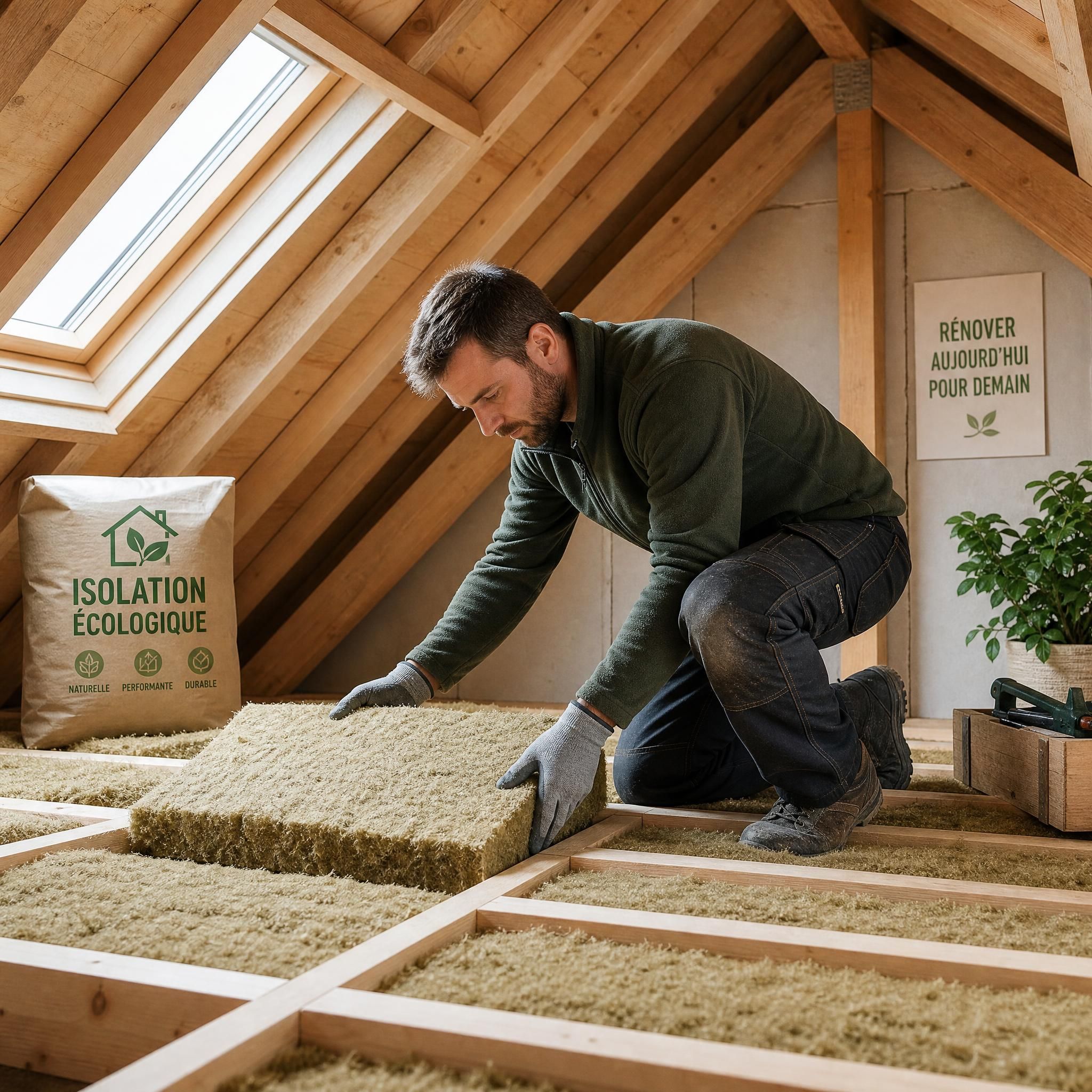 Artisan posant de l'isolation écologique dans des combles - rénovation intérieure écologique