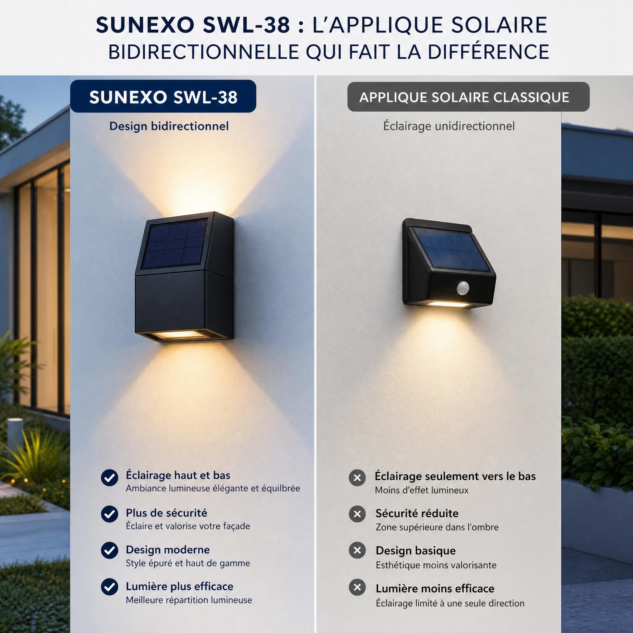 Comparatif côte à côte applique solaire Sunexo SWL-38 design bidirectionnel sur façade extérieure