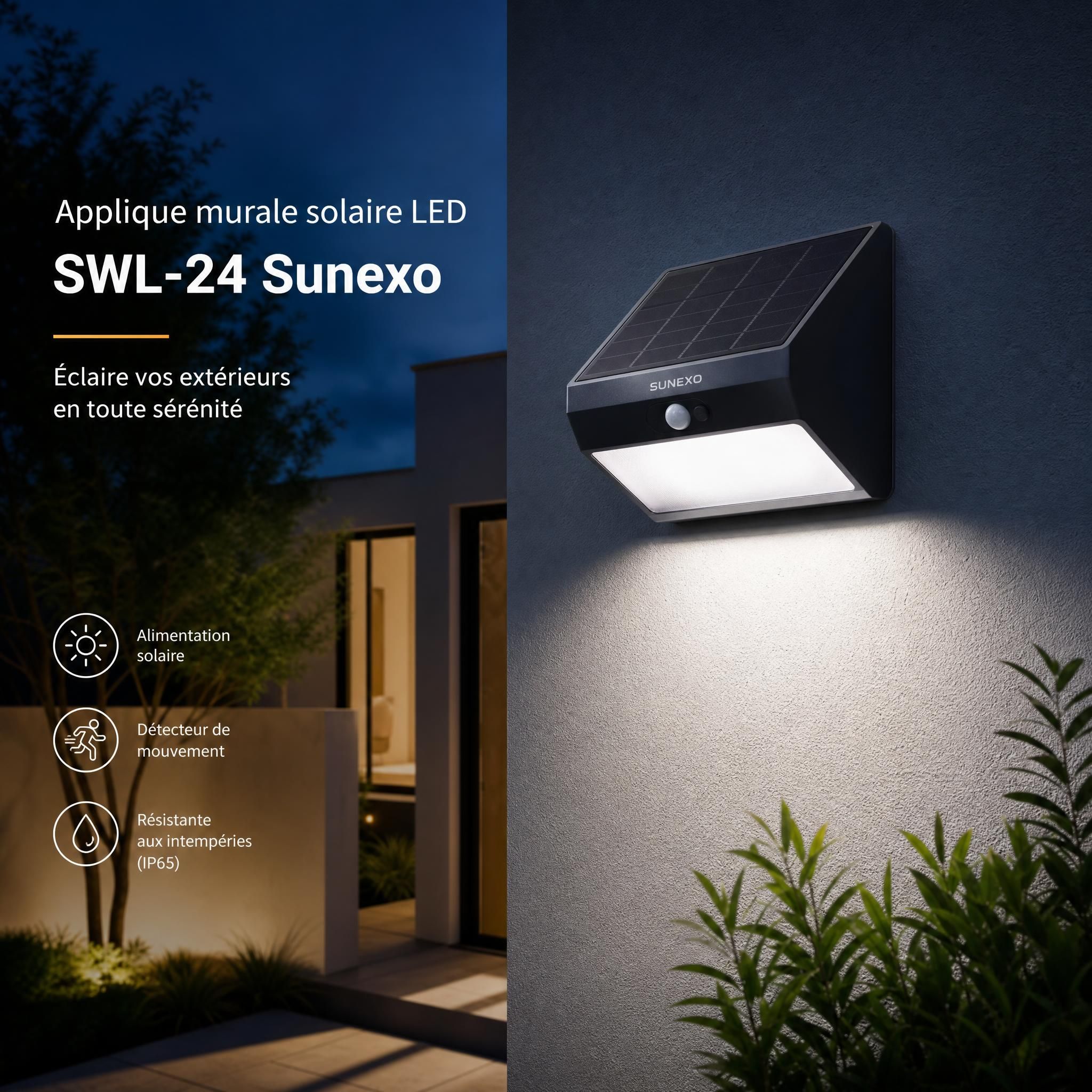 Applique murale solaire LED SWL-24 Sunexo installée sur un mur extérieur la nuit, éclairage blanc neutre