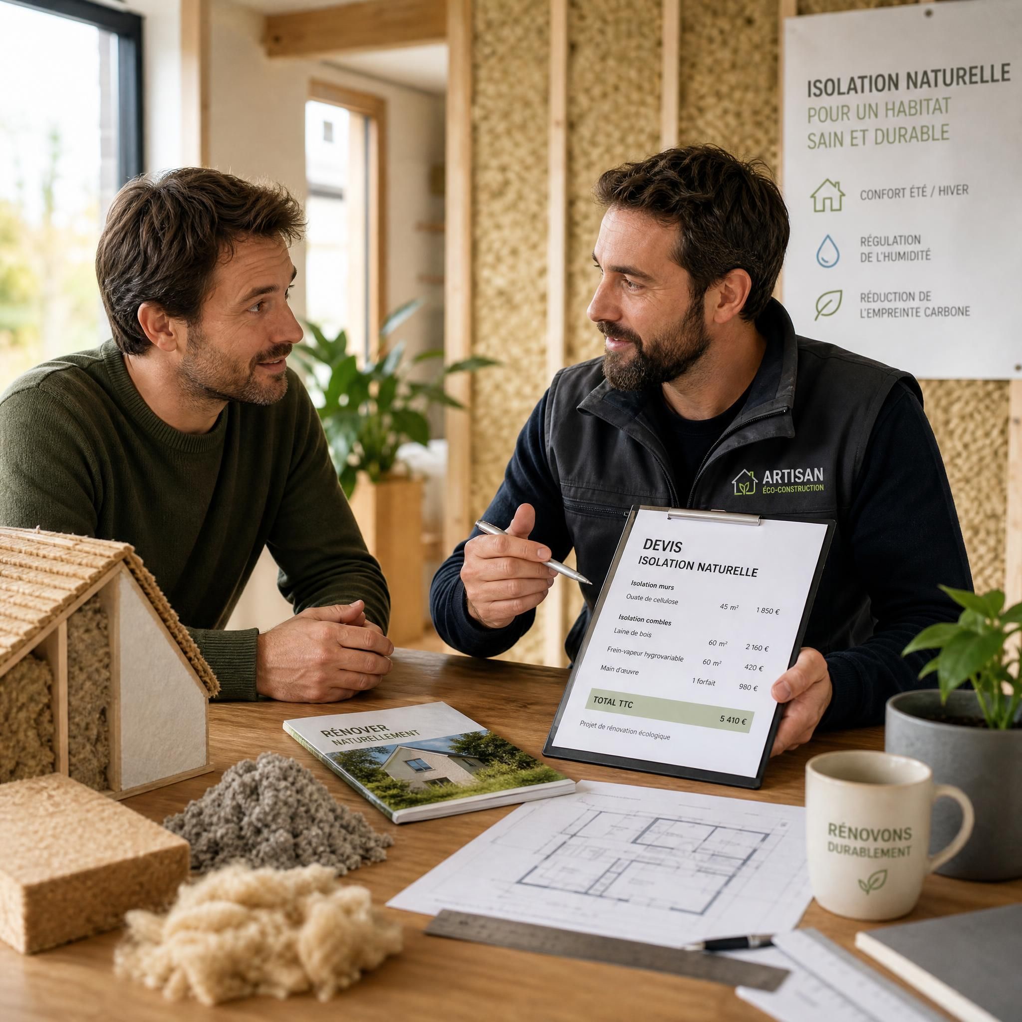 Propriétaire discutant d'un projet de rénovation écologique avec un artisan - devis isolation naturelle