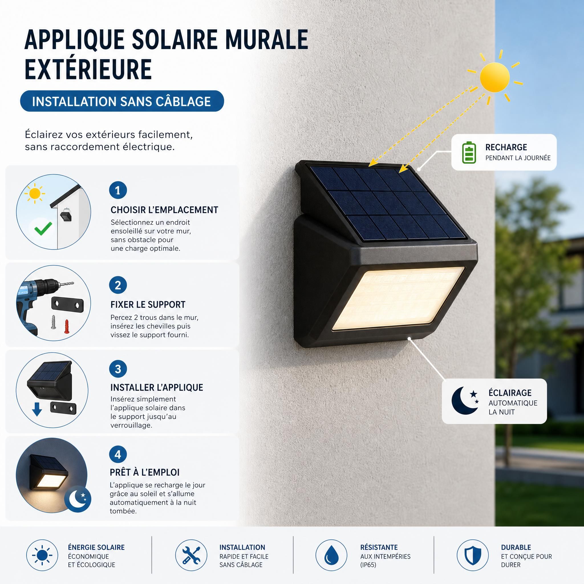 Schéma d'installation applique solaire murale extérieure sans câblage sur façade de maison