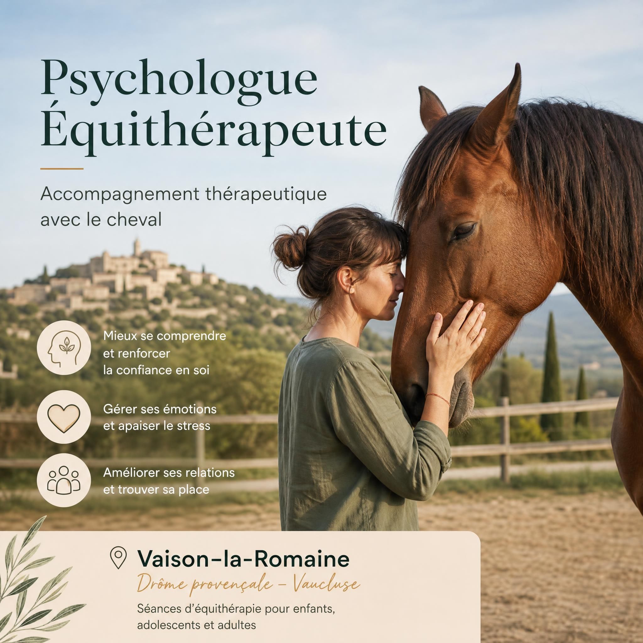 Psychologue équithérapeute avec cheval à Vaison-la-Romaine, séance équithérapie en Drôme provençale Vaucluse