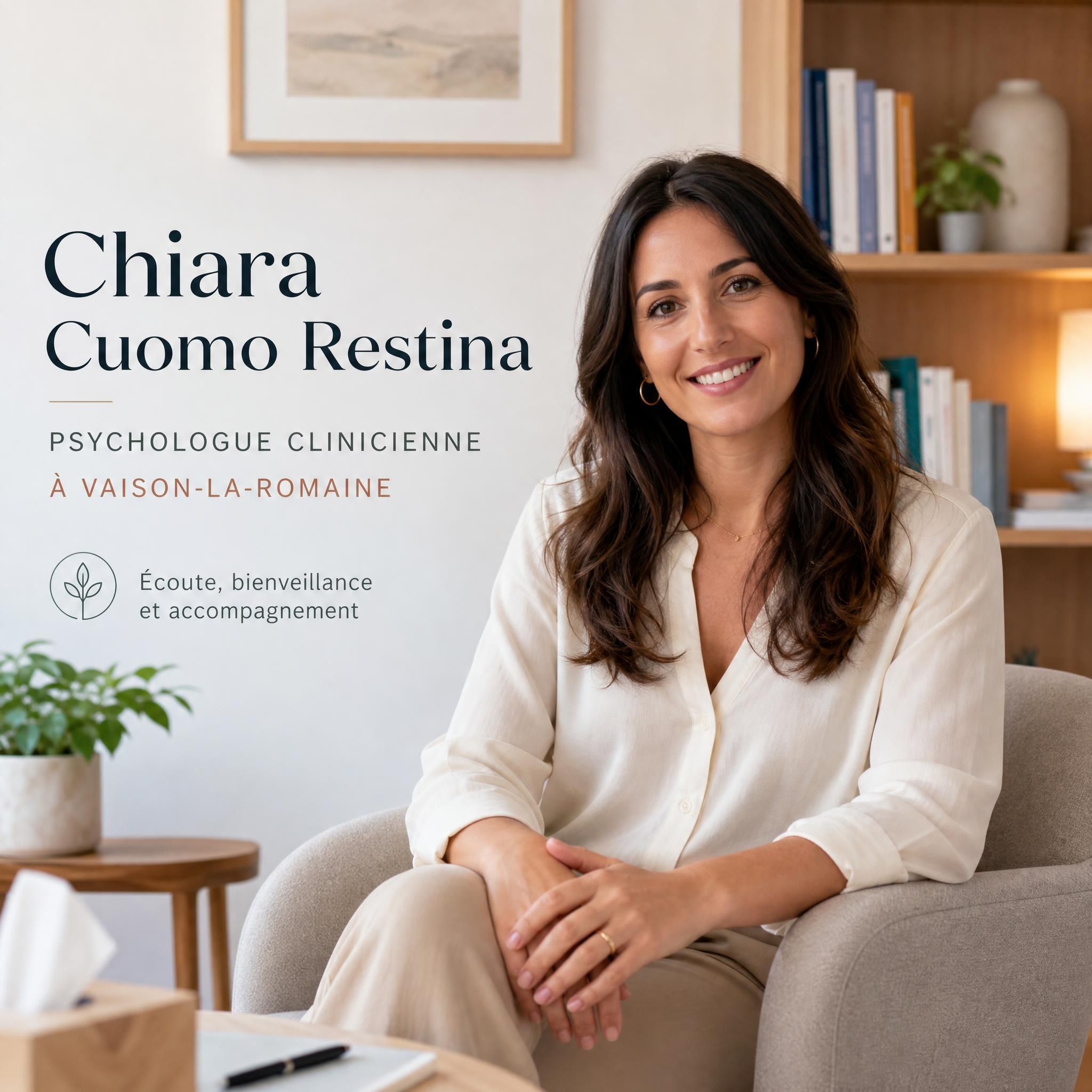 Chiara Cuomo Restina, psychologue clinicienne à Vaison-la-Romaine - portrait professionnel chaleureux