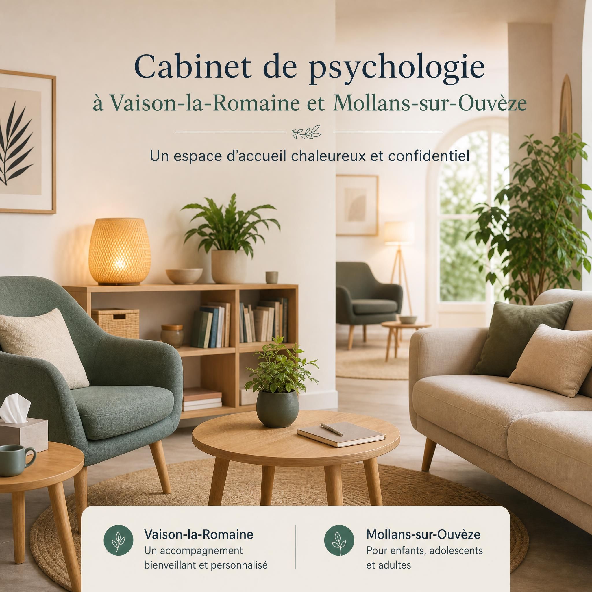 Cabinet de psychologie à Vaison-la-Romaine et Mollans-sur-Ouvèze - espace d'accueil chaleureux et confidentiel