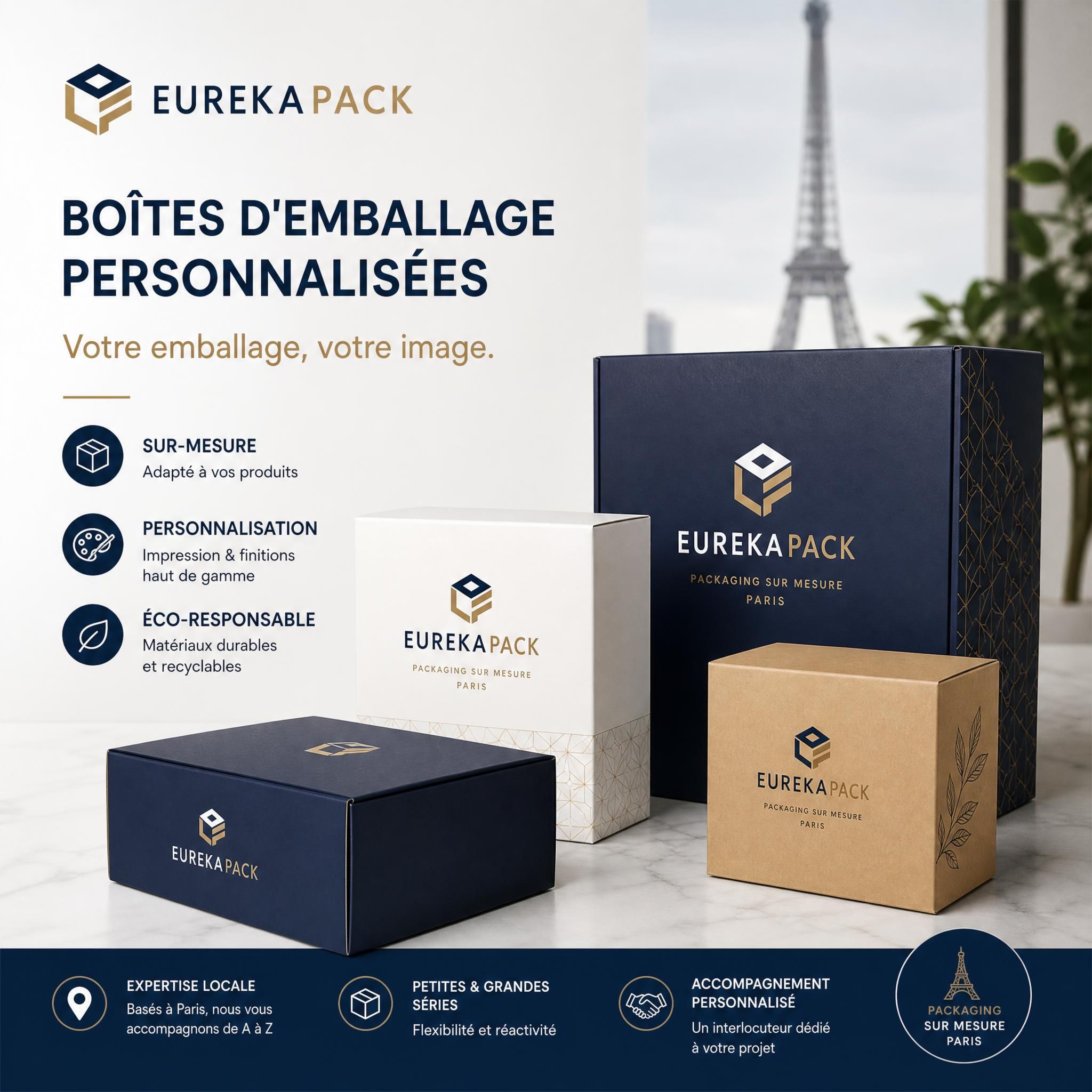 Boîtes d'emballage personnalisées EUREKAPACK avec logo de marque, packaging sur mesure Paris